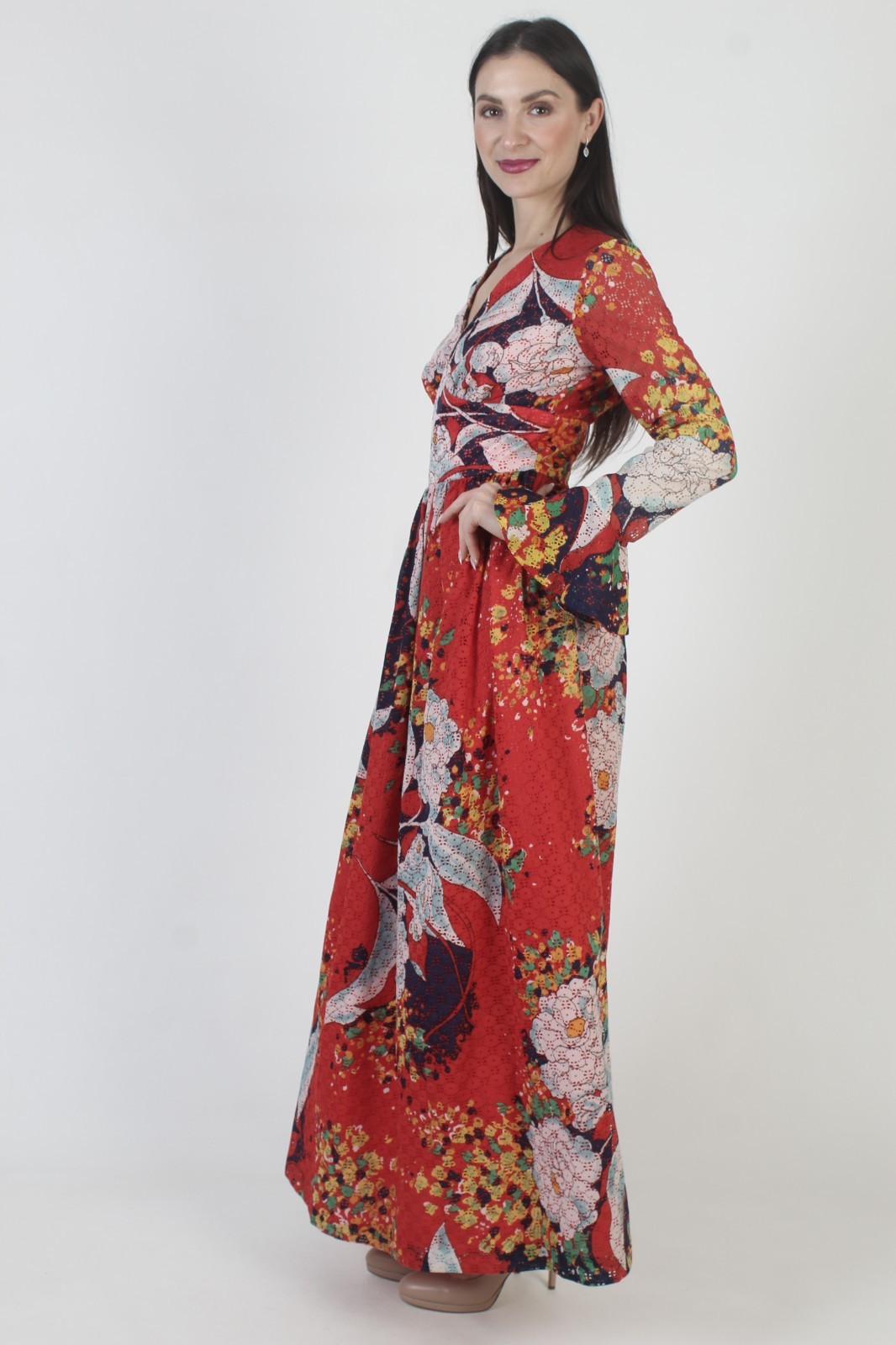 Vintage 70s Red Floral Dress Eyelet Prairie Angel Bell Slv Lounge Cocktail Maxi