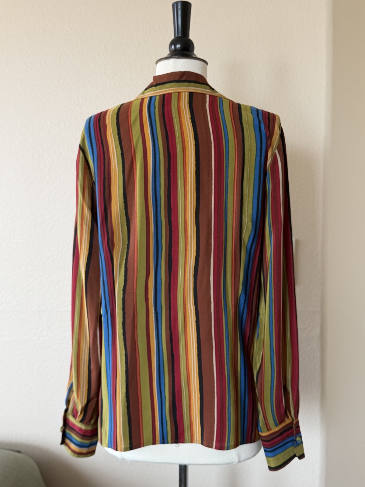Vintage TESS 100% Silk Multicolor Striped Button Blouse Made in China