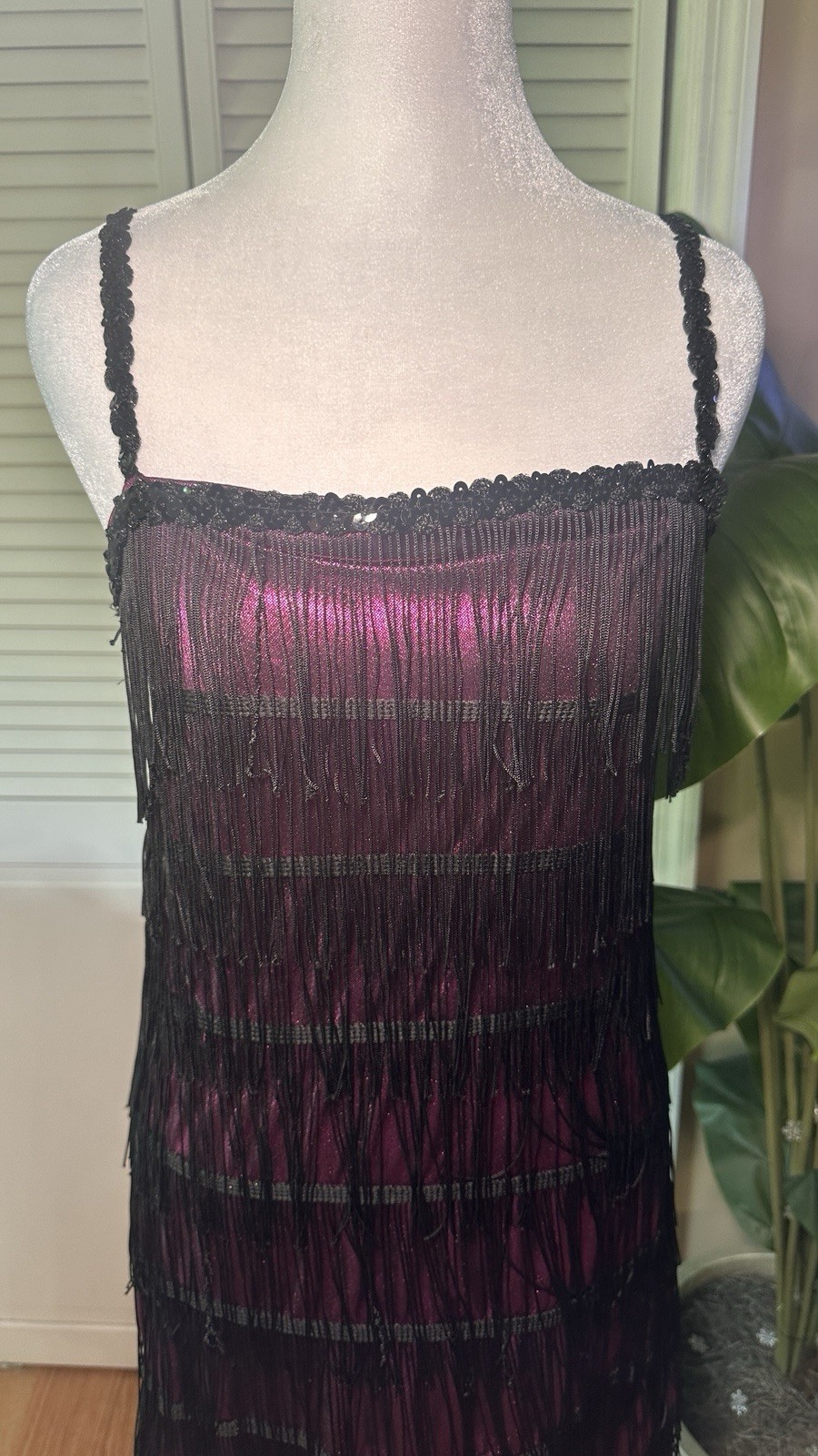Vintage Inspired Black Fringe Metallic Magenta Flapper Mini Dress One Size