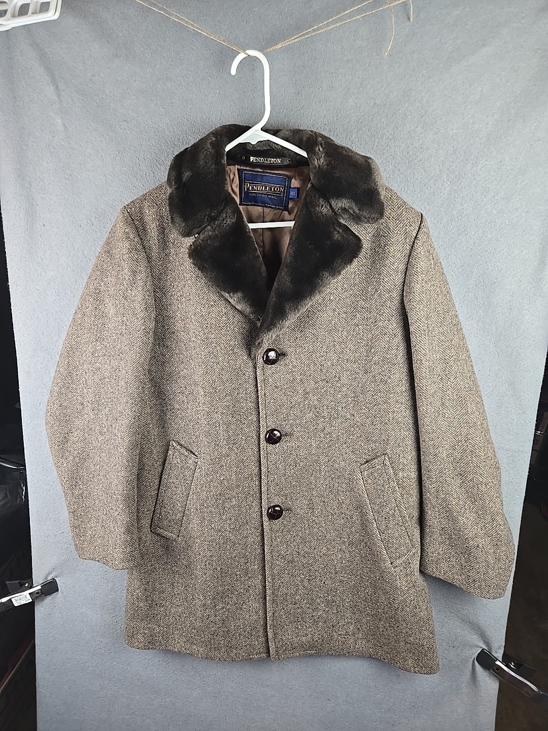 Vtg Pendleton Winter Wool Brown Faux Fur Trim Coat Jacket Size 40 Made In USA
