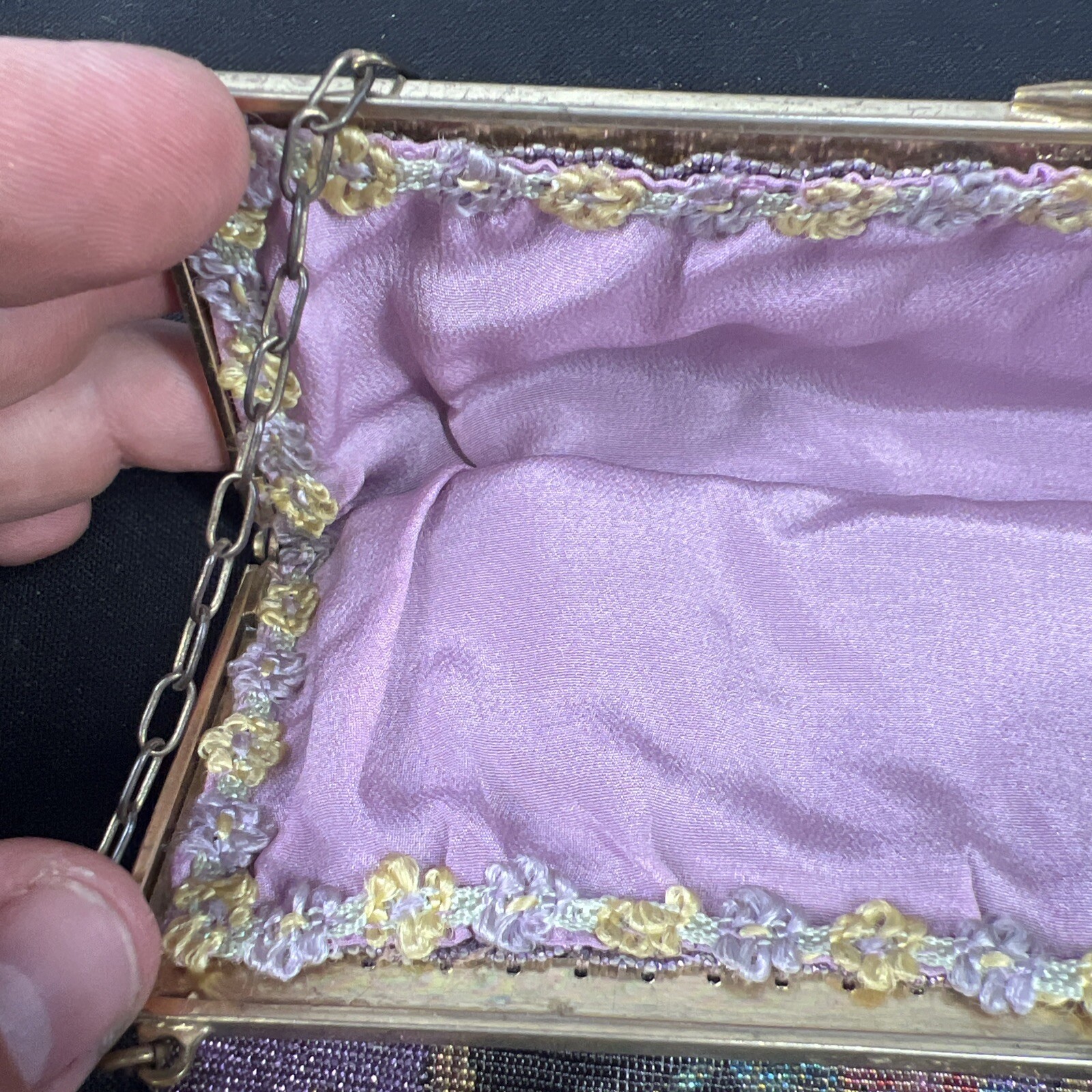 Antique Art Nouveau Gold French Steel Micro Bead Floral Fringe Purse 10.5”