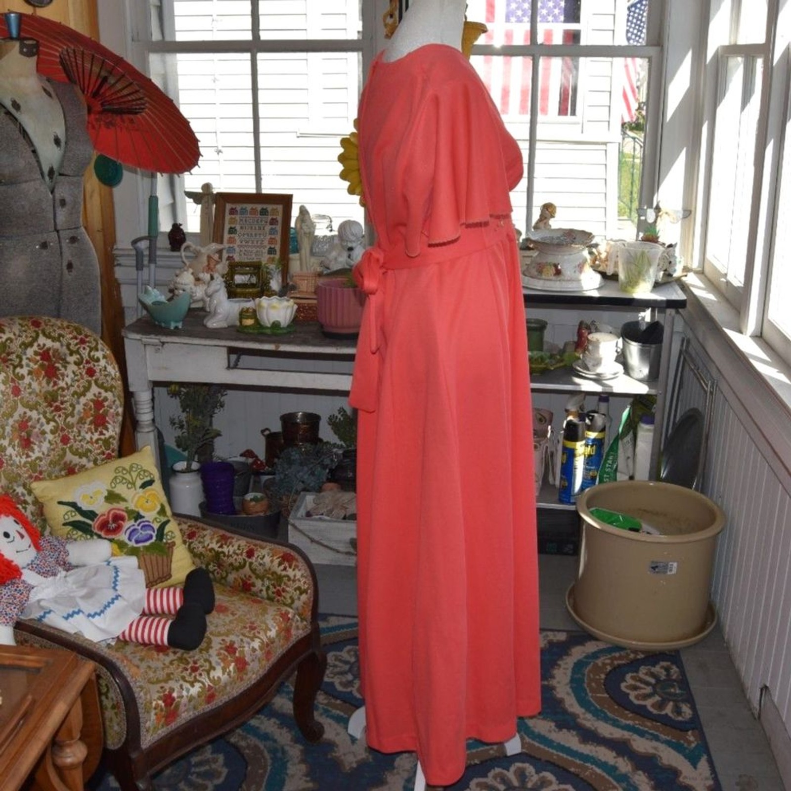 Vintage 70s Coral Hostess Gown Maxi Dress Empire Waist Flutter Sleeve L