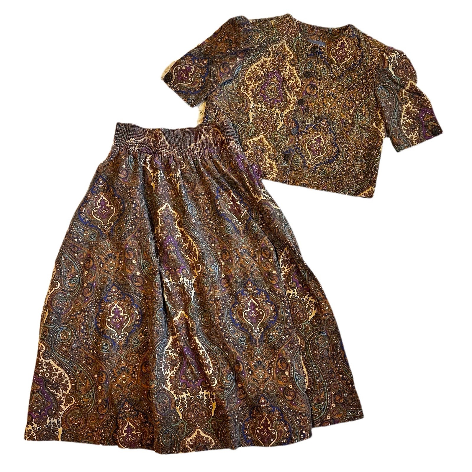 Vintage 80s Women’s Medium Quilted Puff Sleeve Top W/ Skirt Paisley Matching Set