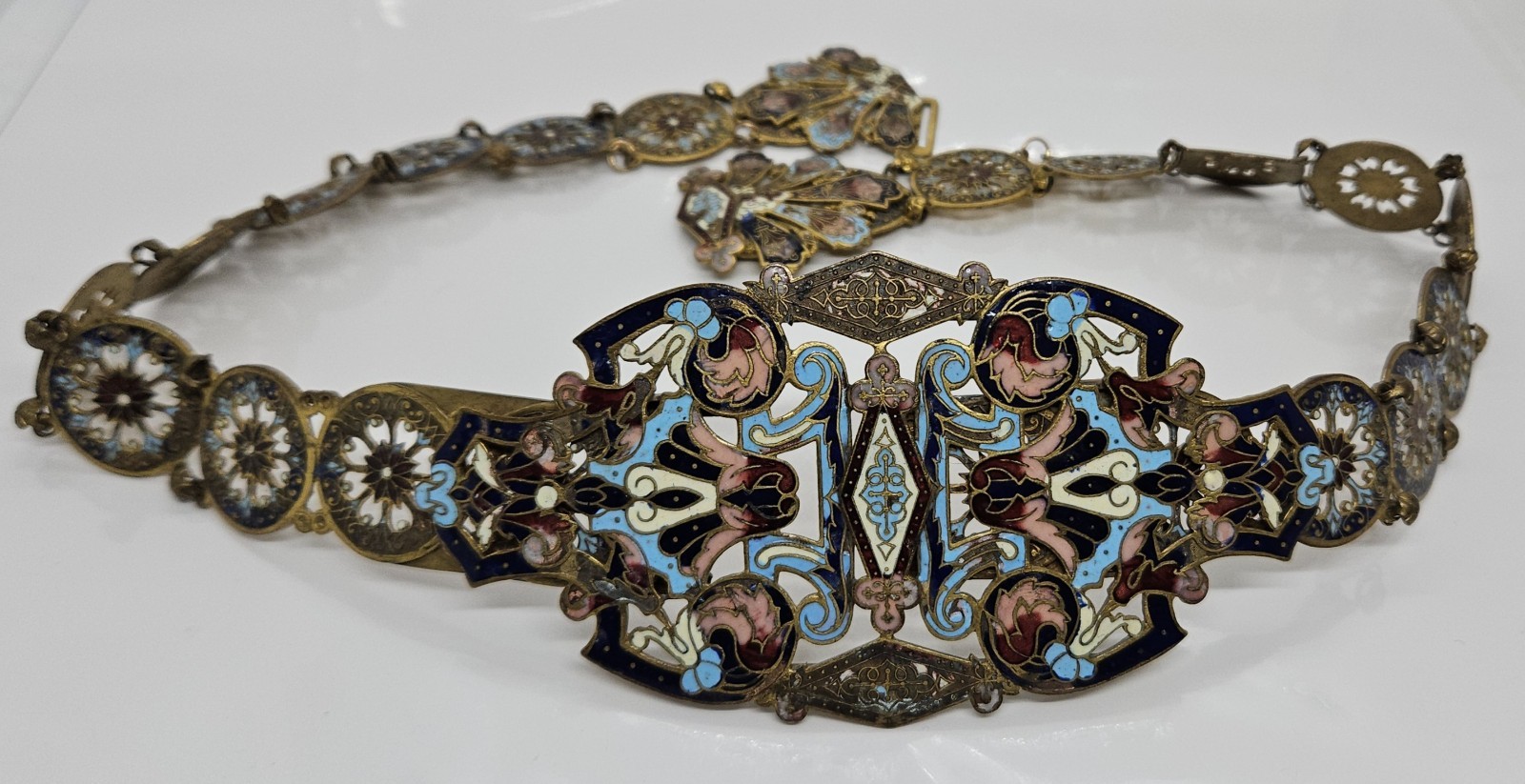 Vintage Estate Art Nouveau Cloisonné Enameled Belt Multicolor Metal 27″ Adj