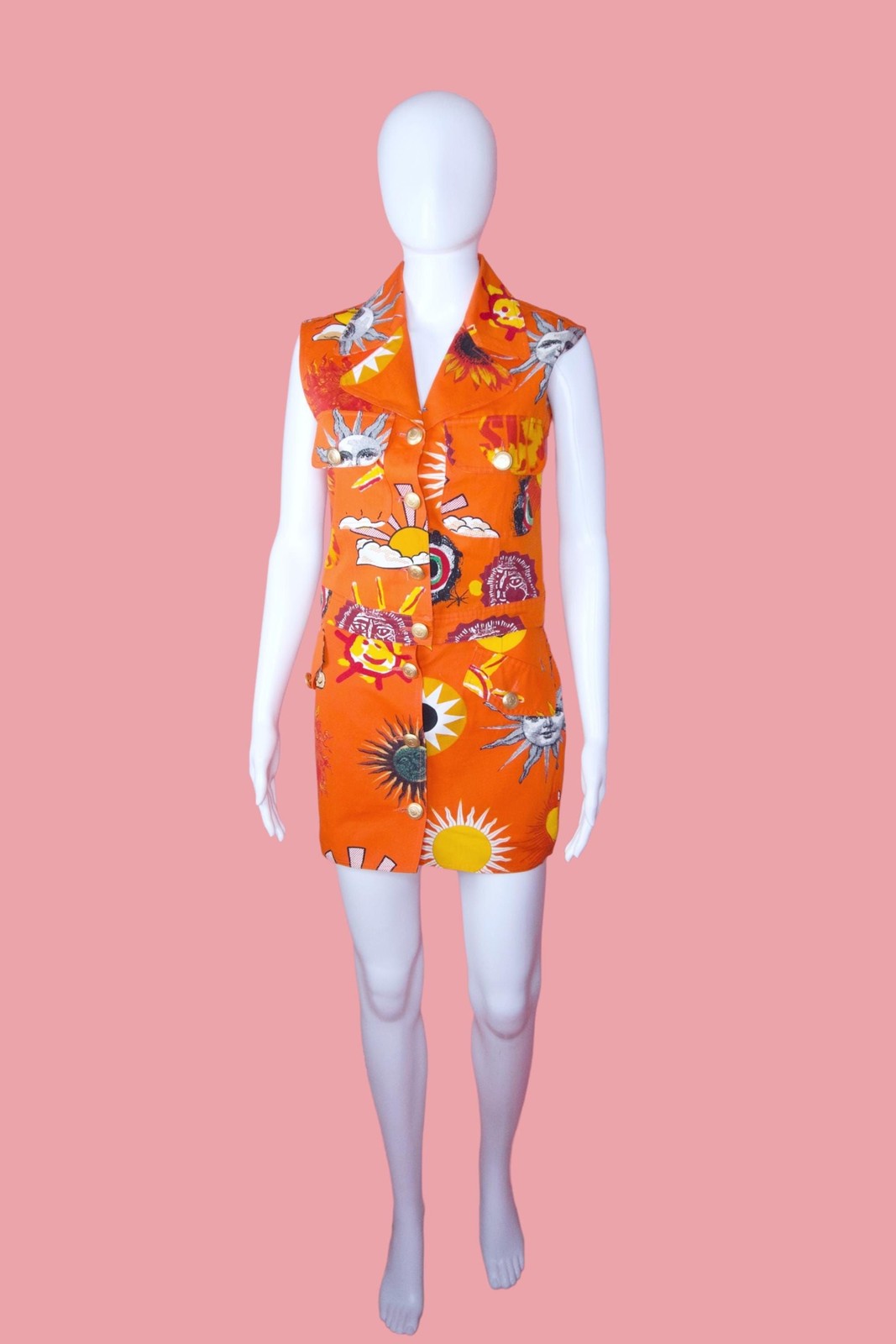1990s MOSCHINO JEANS Orange Sun Print Cotton Vest & Skirt Set (XS)