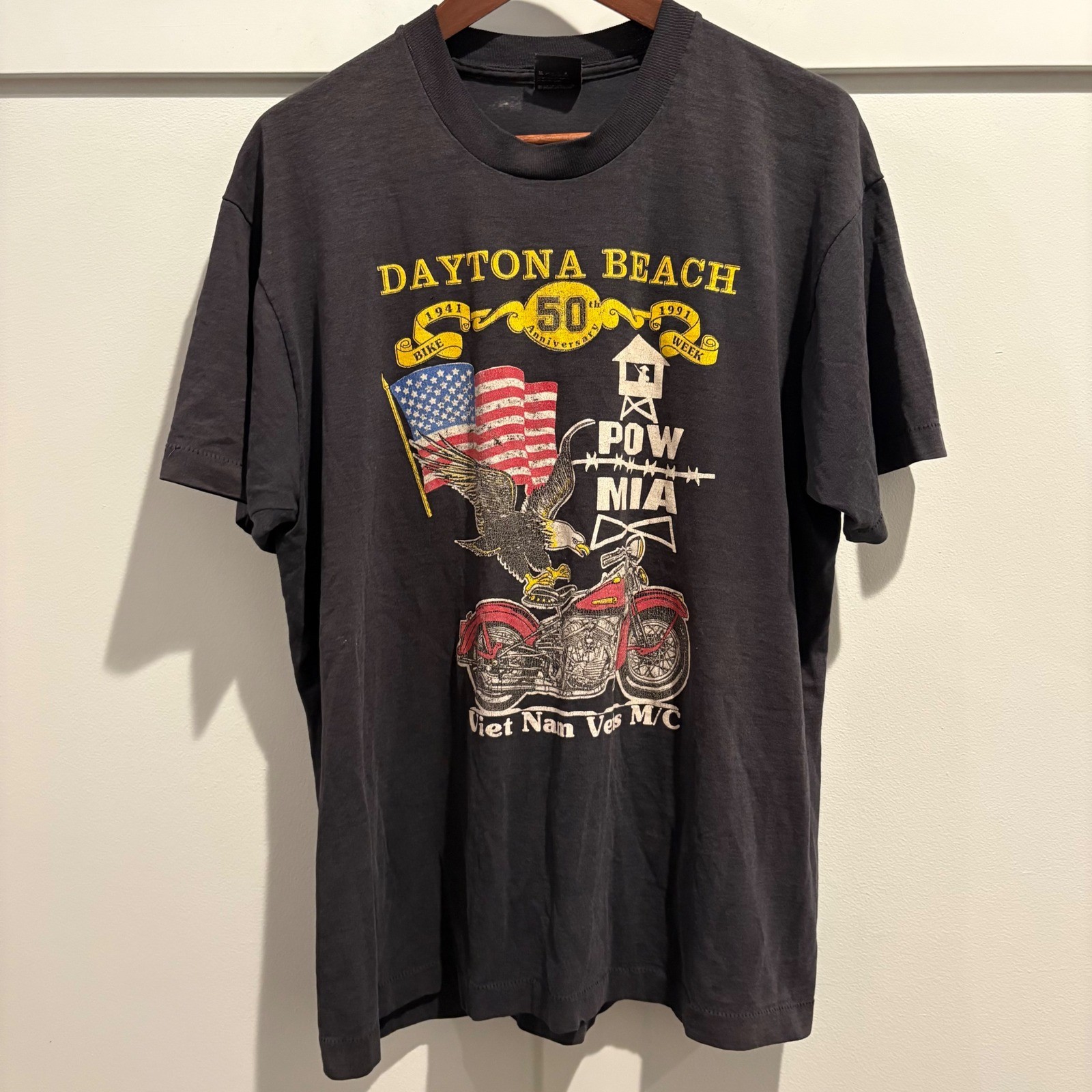 Vtg Screen Stars Daytona Beach Bike Week T-Shirt Mens XL Gray 1991 POW MIA