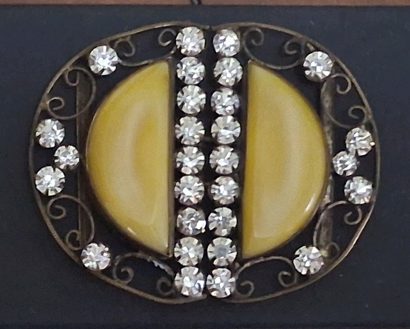 Antique Czechoslovakia belt buckle, yellow bohemian glass & crystals, filigree
