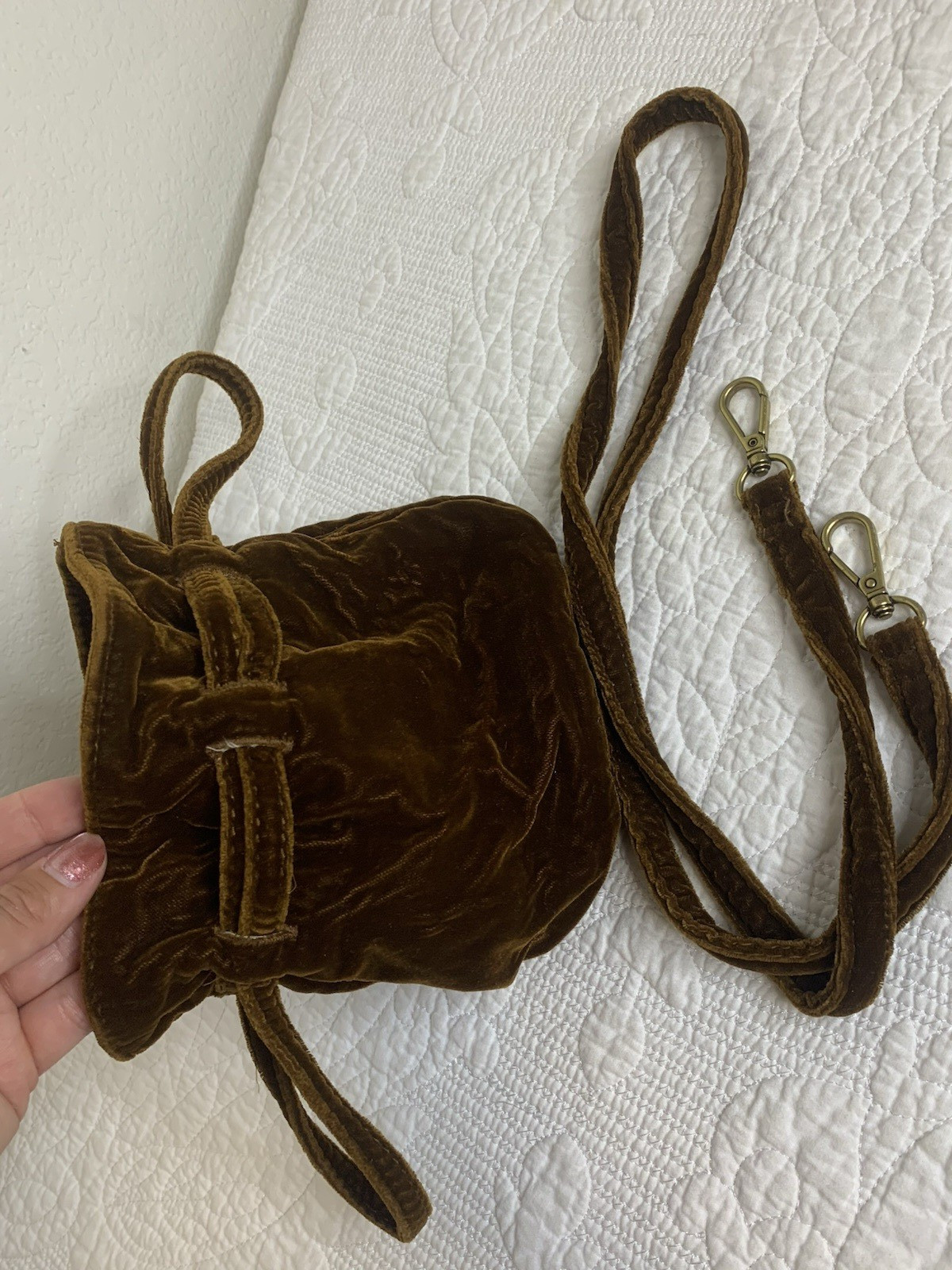 Brown Velvet Drawstring Bucket Shoulder Bag Purse Women’s Boho Casual