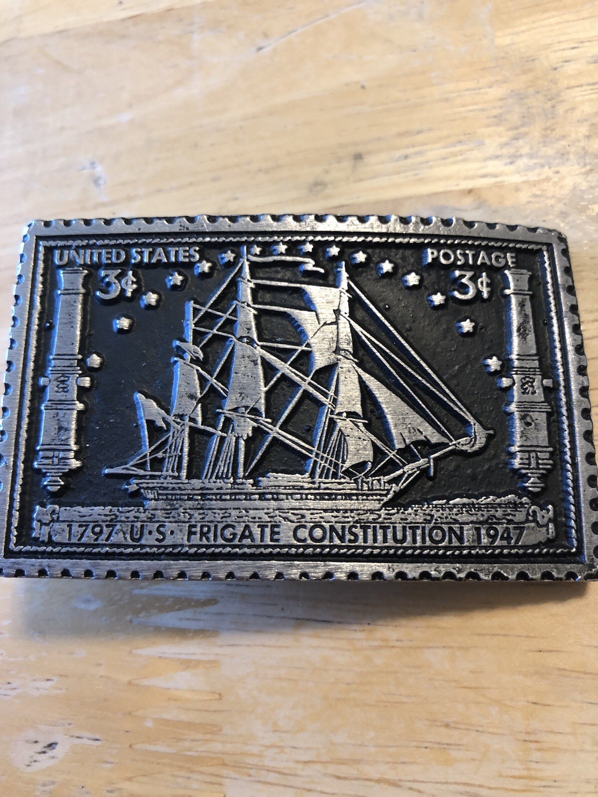 1797 U.S. Frigate Constitution 1947 3 Cent Postage Pewter Belt Buckle.