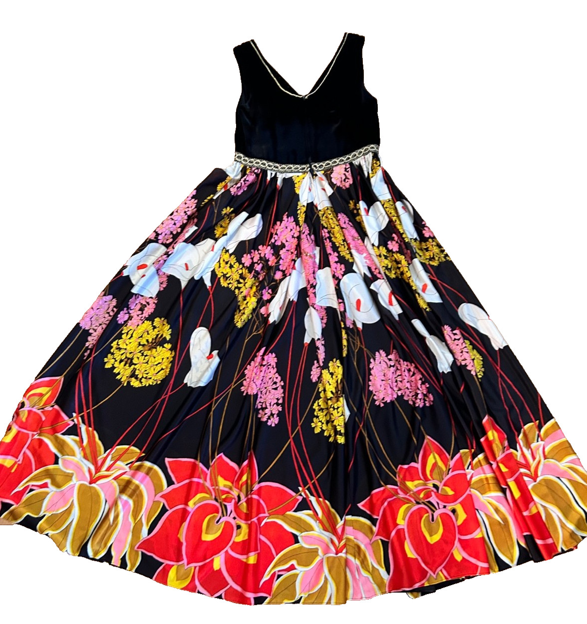 Vtg 60s 70s Fit Flare Dress Sz 14 Velvet Black Empire V Neck Brilliant Floral
