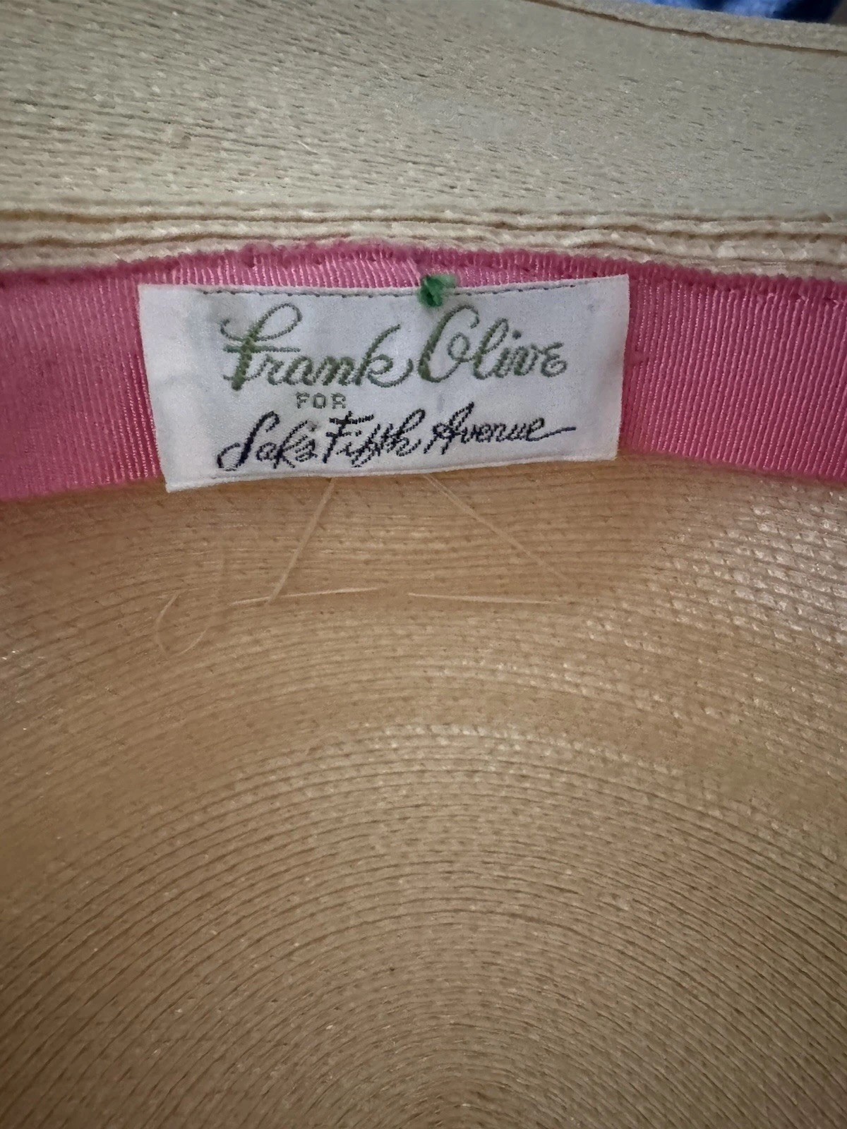 Vintage Frank Olive Straw Hat For SAKS Natural Wide Brim Fits S/M Wheat Color
