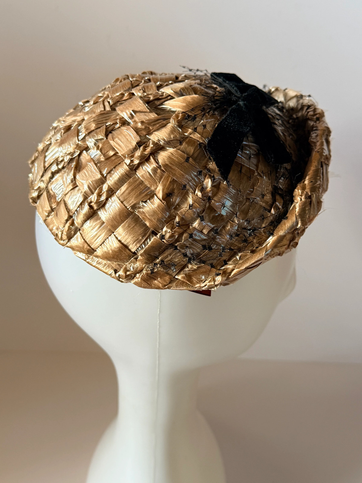 1950s Mr. D Raffia Cocktail Hat Natural Straw Pillbox Black Velvet Bow Vintage
