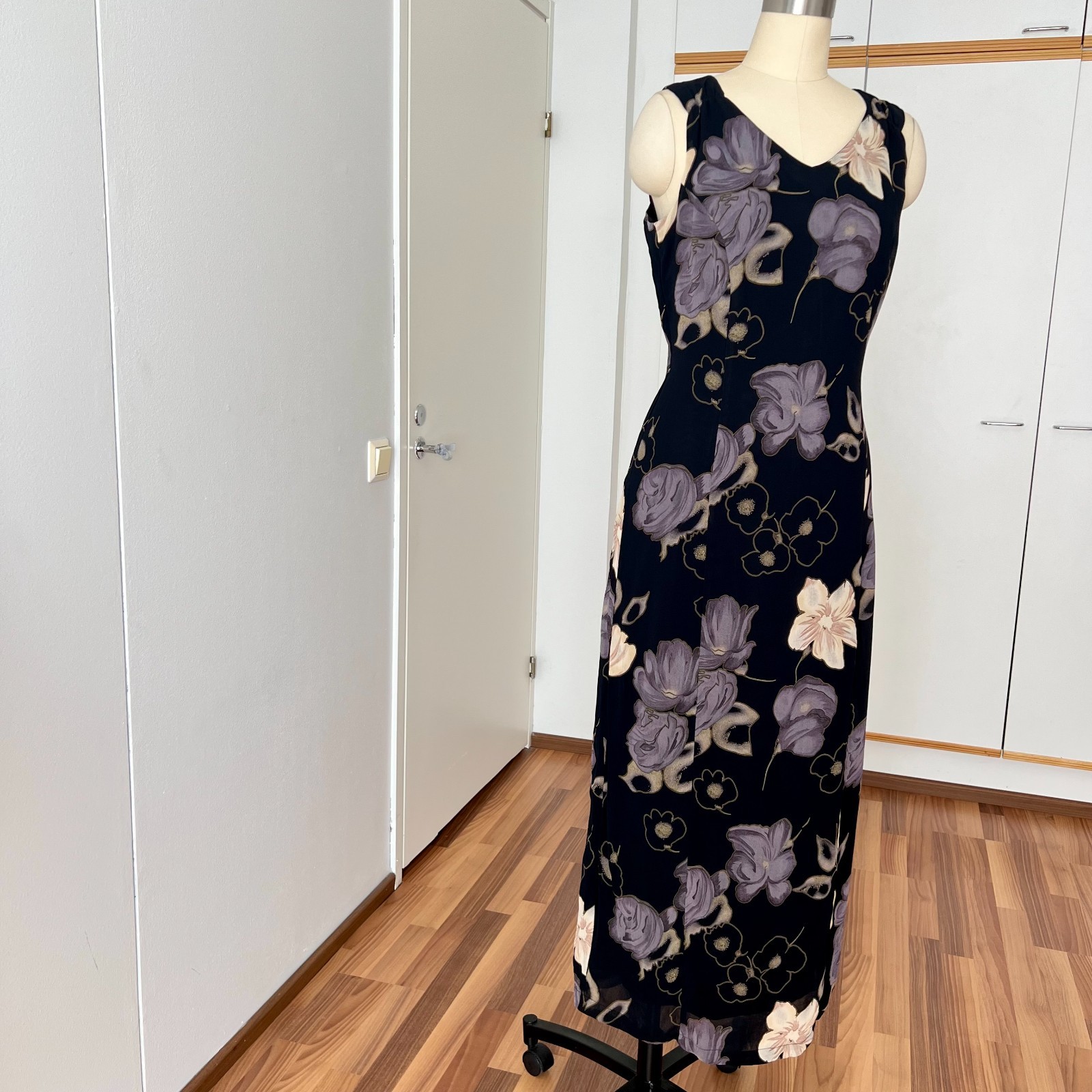 90s Floral Viscose Maxi Dress Summer V Neck Sleeveless Fairy Whimsygoth Aline 38