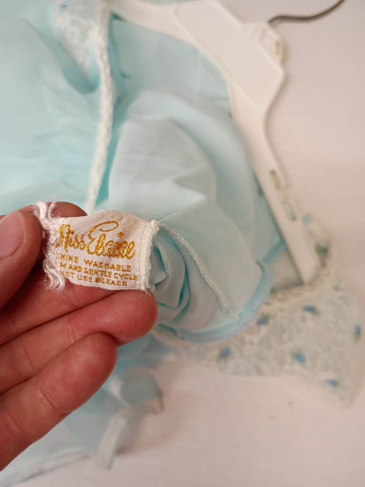Miss Elaine Vintage Blue Babydoll Nightgown White Lace Trim Sheer 41″
