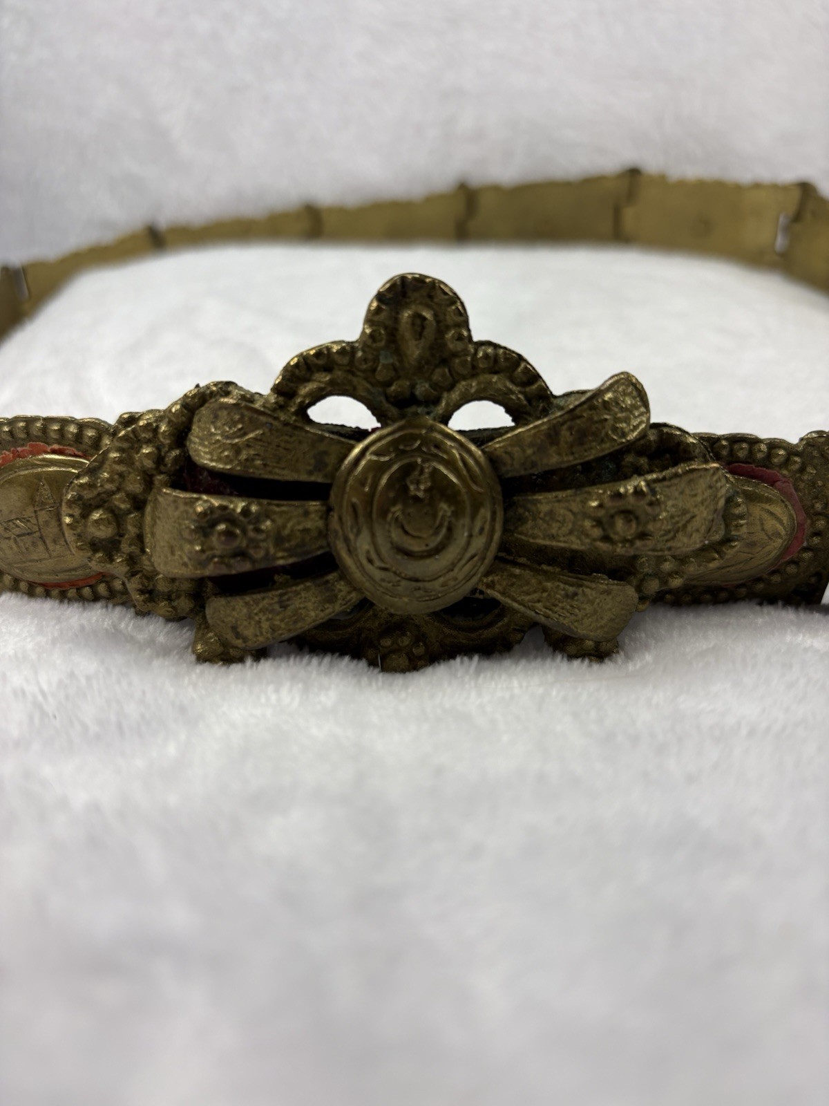 19th C Ottoman Empire Heavy Brass Belt Red Enamel Turkish Balkan Folk Art 35in