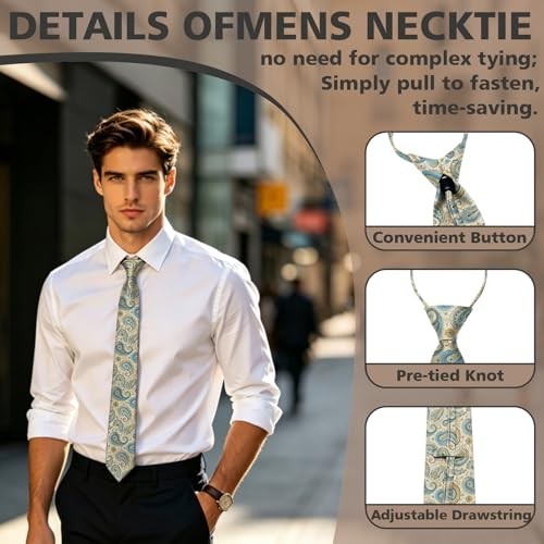 Mens Ties 3.15″ Pre-tied Adjustable Necktie Printed Fashion Neck Tie for Golden