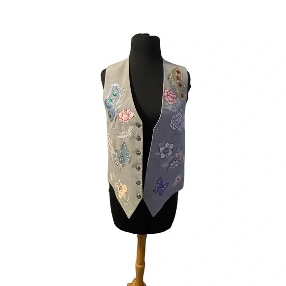 NWOT Vintage Light gray Hand Painted Vest Butterfly Daisies M/L
