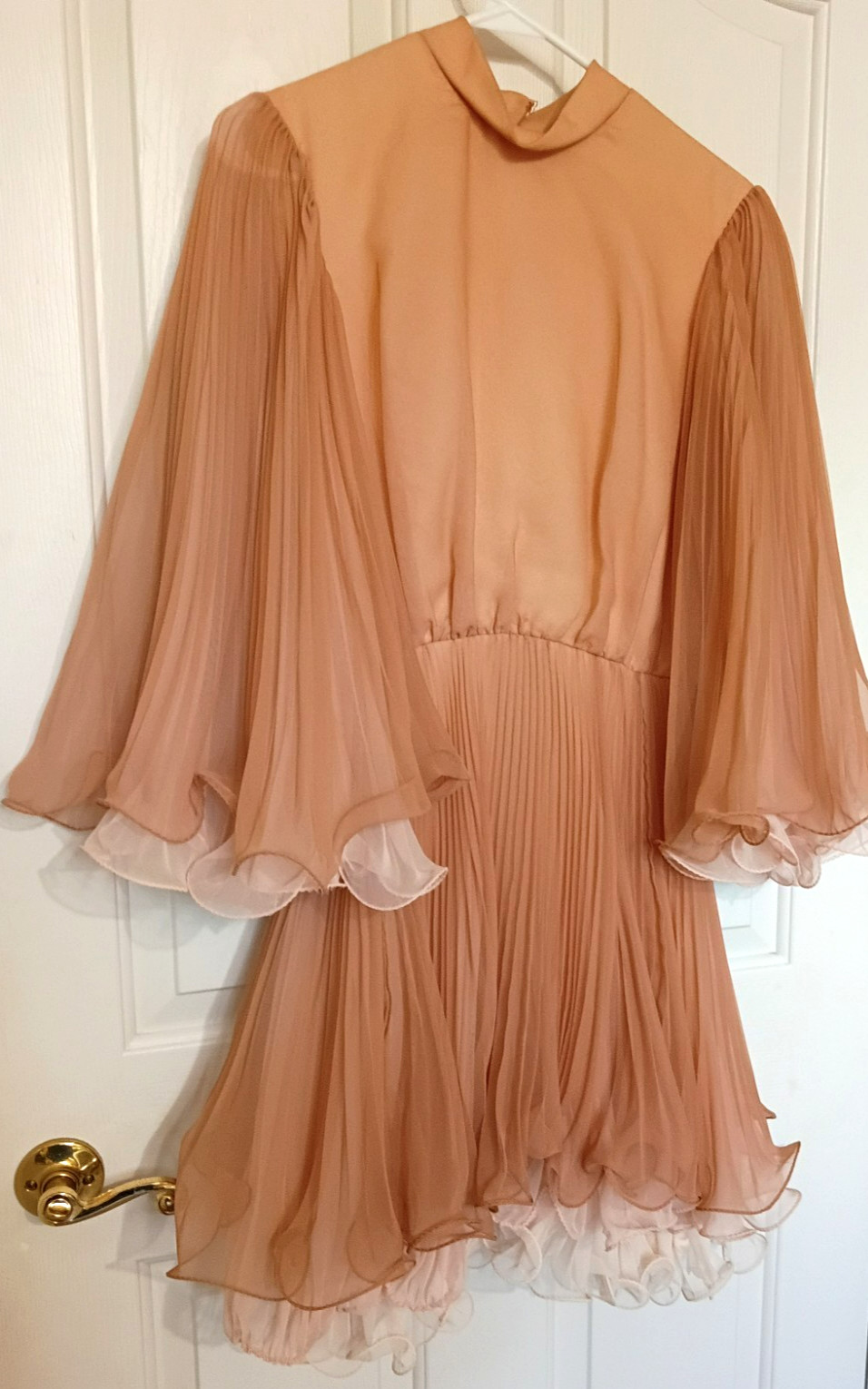 Vtg 60s Miss Elliette Coral Cocktail Dress Ruffled Chiffon Bell Sleeves Small