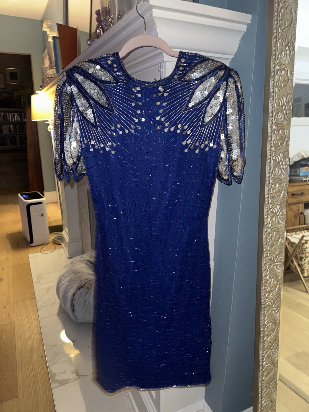 Vintage Gantos Blue 100% Pure Silk Sequin Short Sleeve Cocktail Dress Size Small