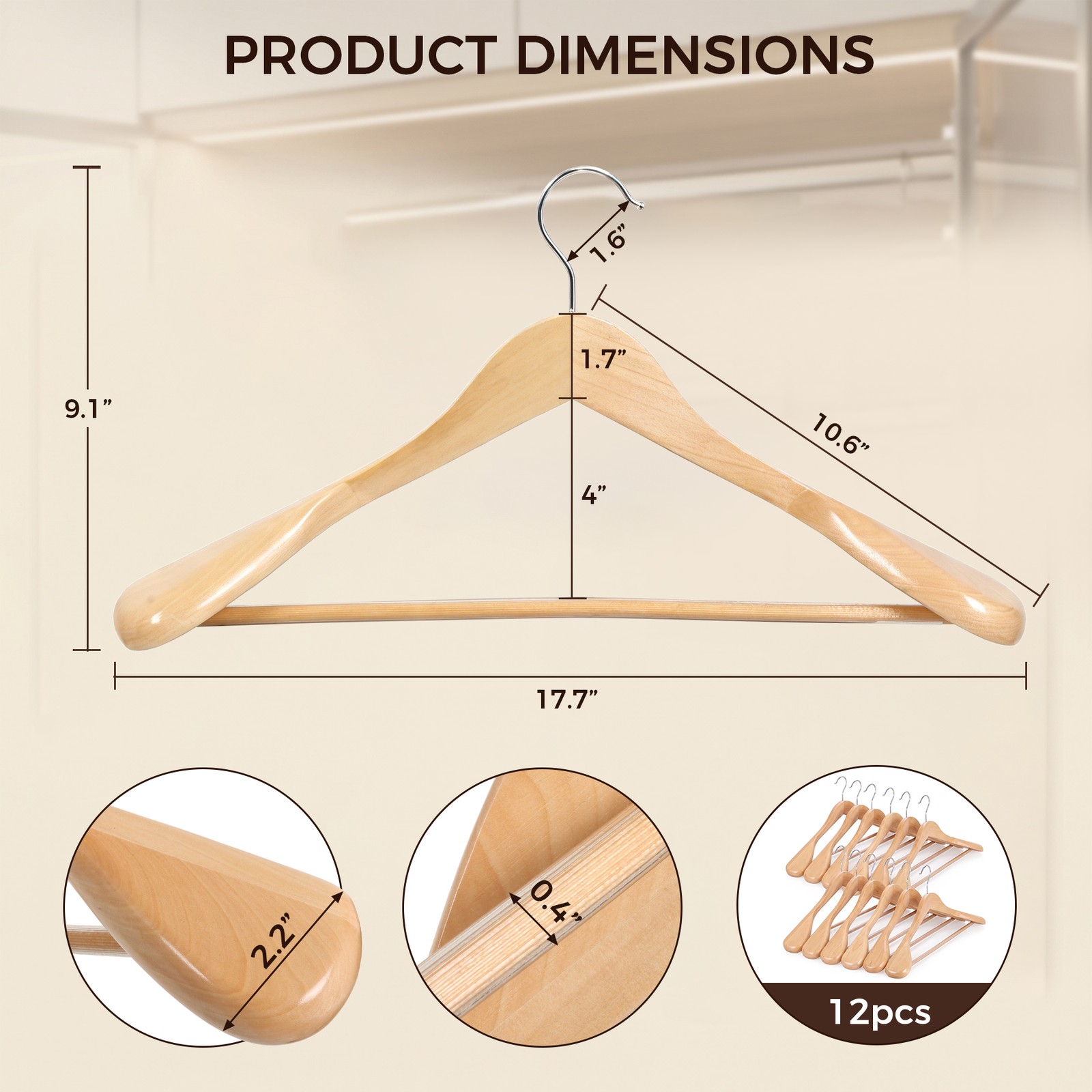 24 Pack Non-Slip Wood Suit Hangers with 360° Hook for Closet & Wardrobe Natural