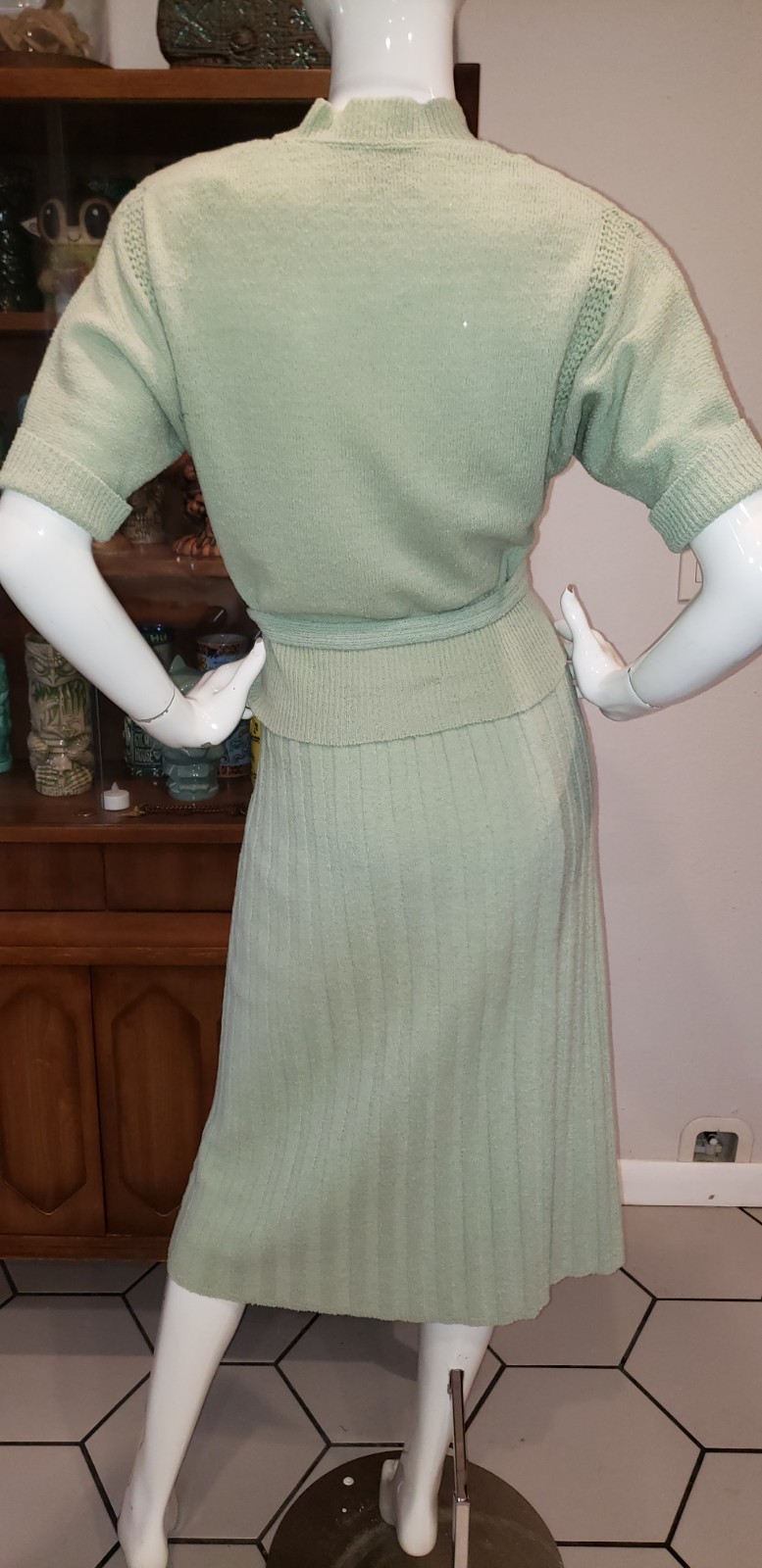 Vintage 1950s Lofties Sea Foam Green 3 Piece Knit Skirt Set Med Lg G2U