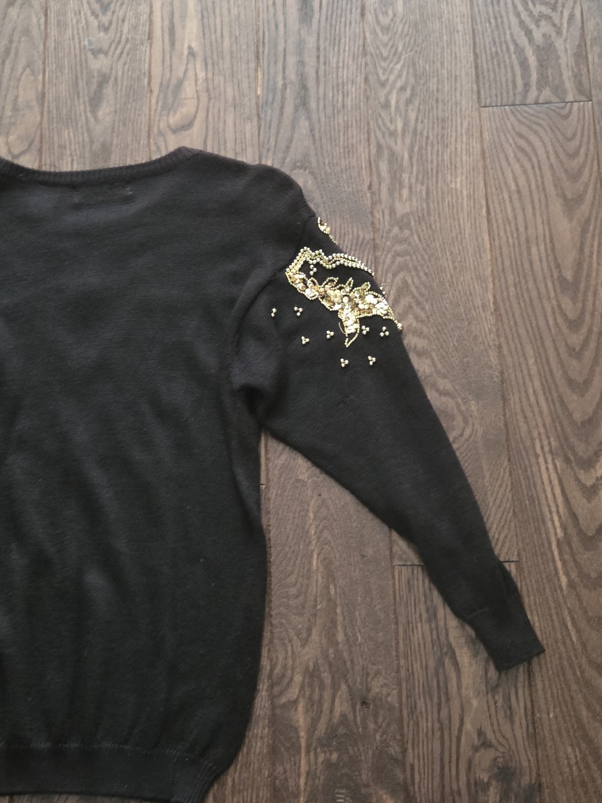🍾Vintage Dana Scott Black Gold Sequin Beaded Sweater Medium Ramie Glam Holiday
