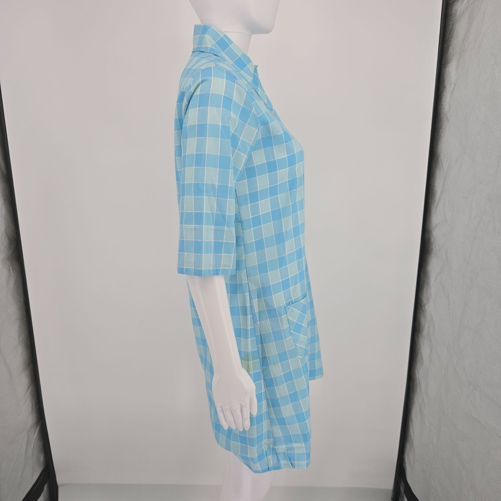 Vintage 1970s Lean on Klopman Blue Windowpane Polycotton Mini Mod Shirtdress (M)