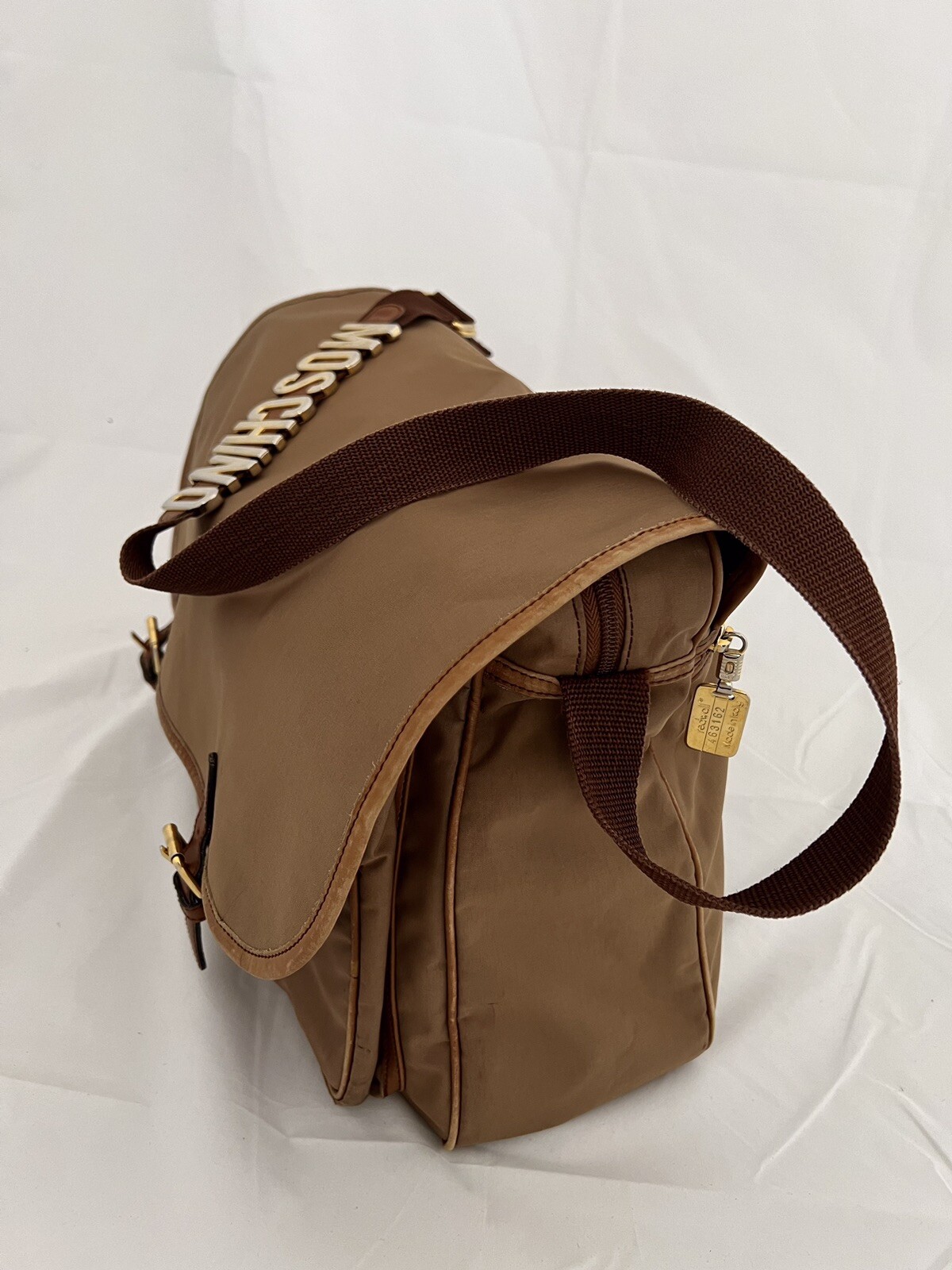 Vintage Moschino Nylon Large Brown Unisex Messenger Bag by Redwall (17″X 14″)