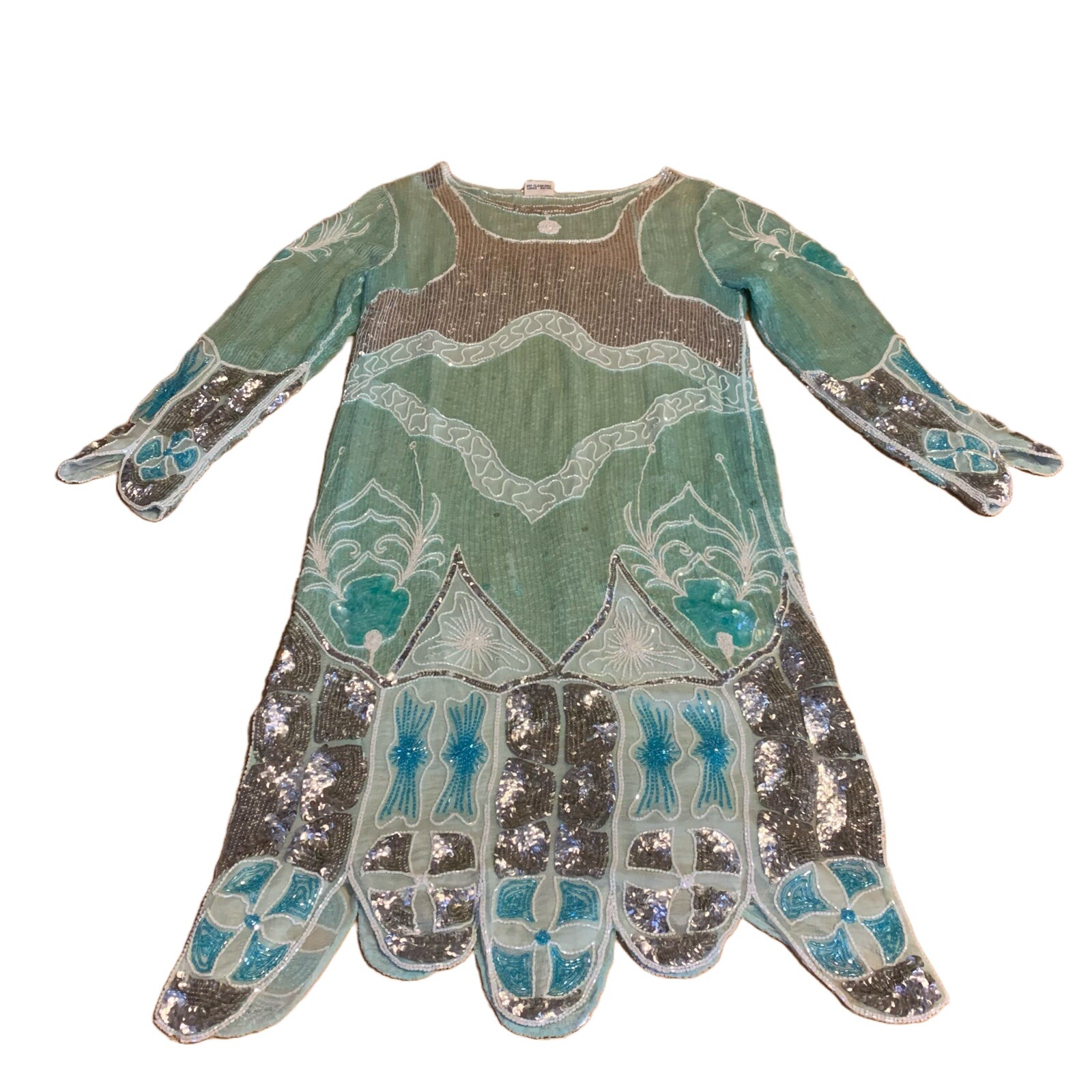 WOMEN’S VINTAGE 1980’S ZEBUN AQUA BLUE & SILVER SILK SEQUIN DRESS APPX SZ M