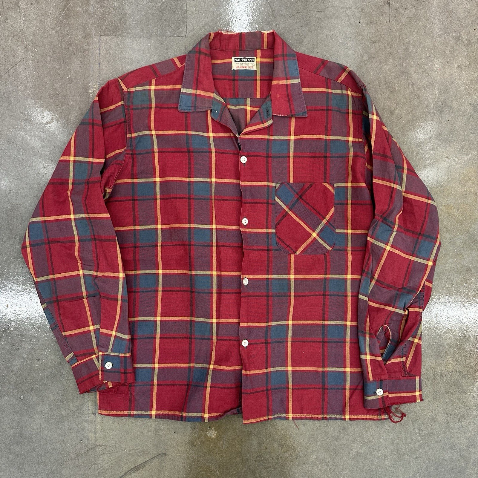 Vintage 1960s Val-Press Plaid Button Up Shirt Large Polyester Cotton Distressed