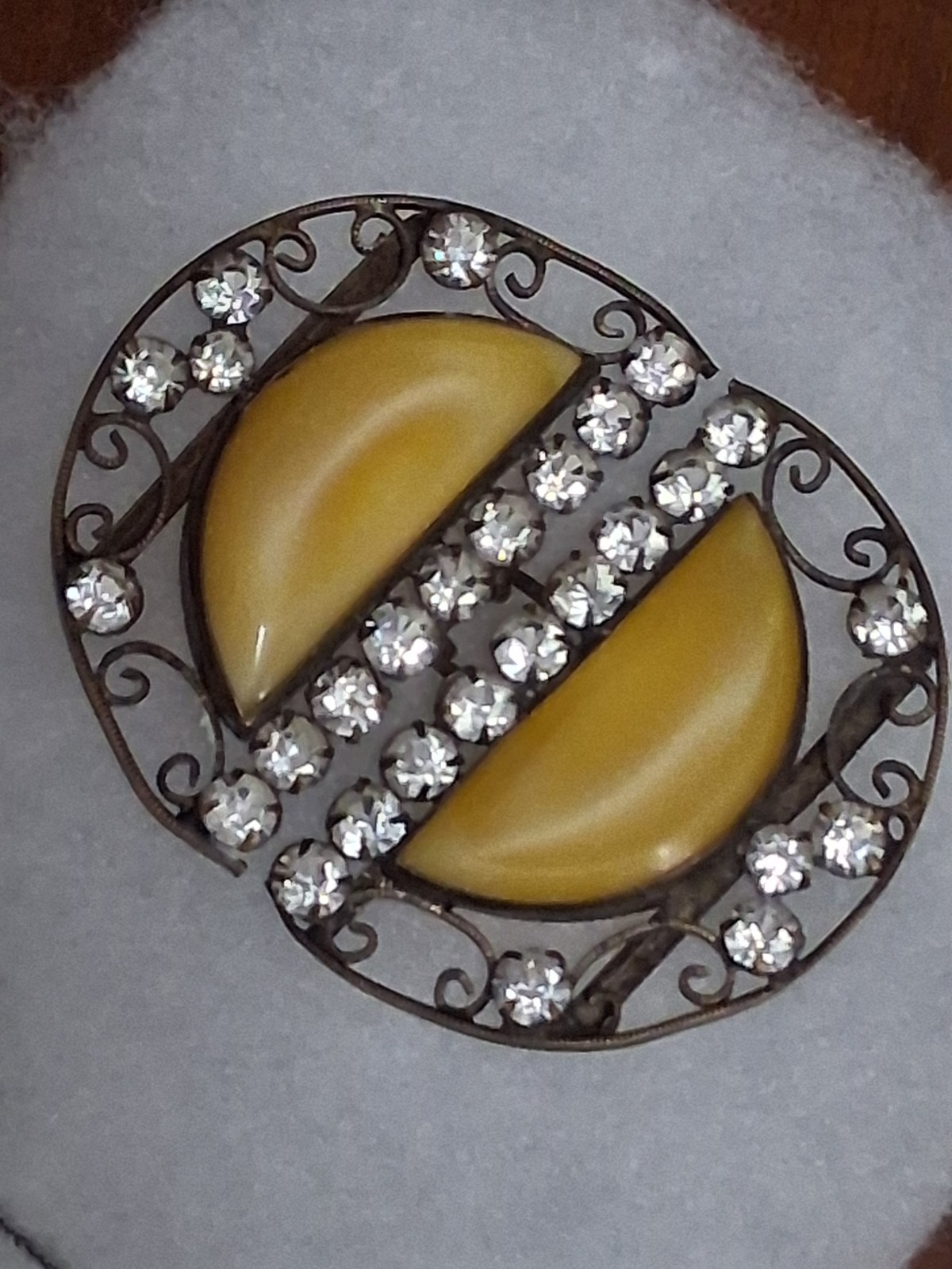 Antique Czechoslovakia belt buckle, yellow bohemian glass & crystals, filigree