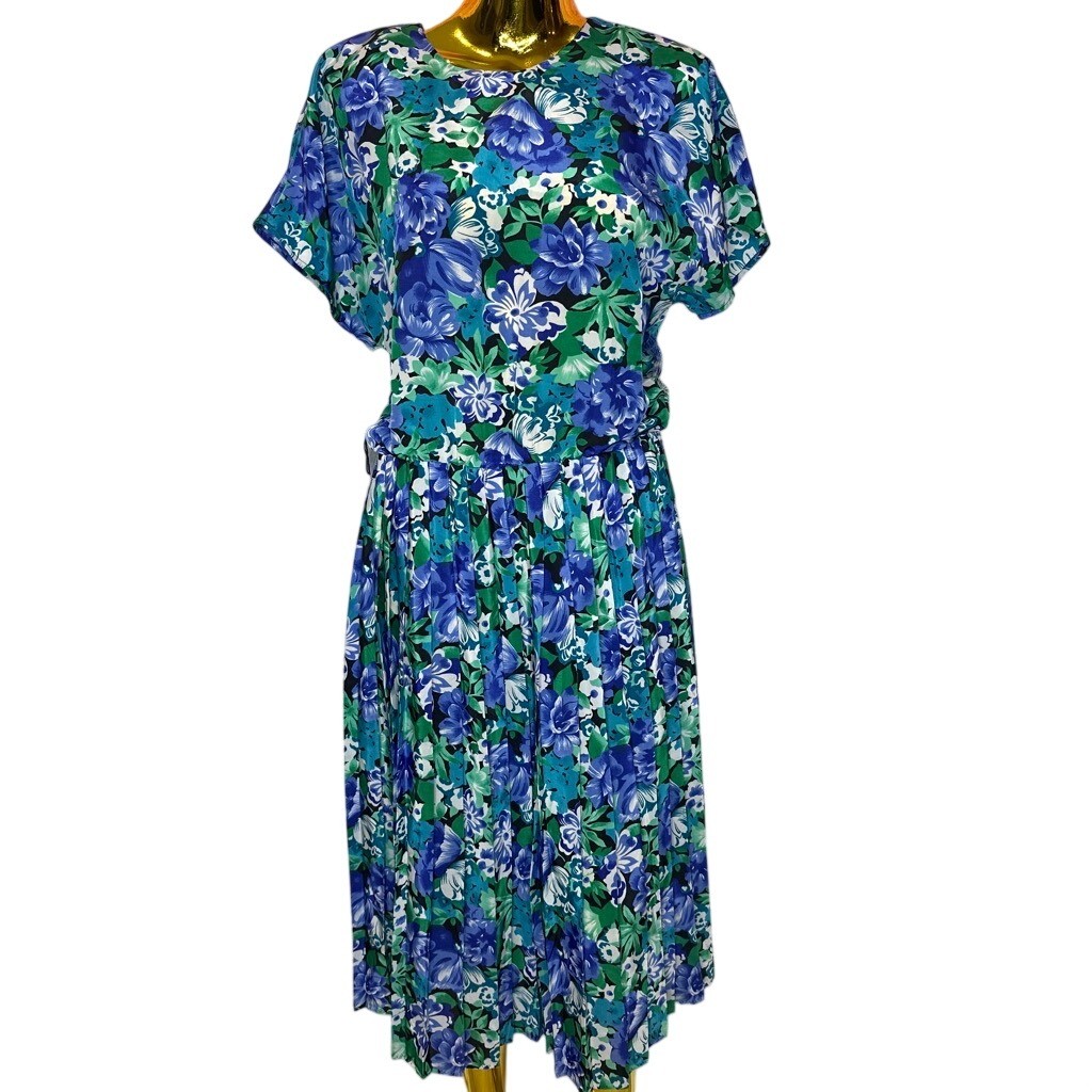 90s Vintage Floral Prairie Midi Dress Blue Green Pleated Skirt USA Made Large 12