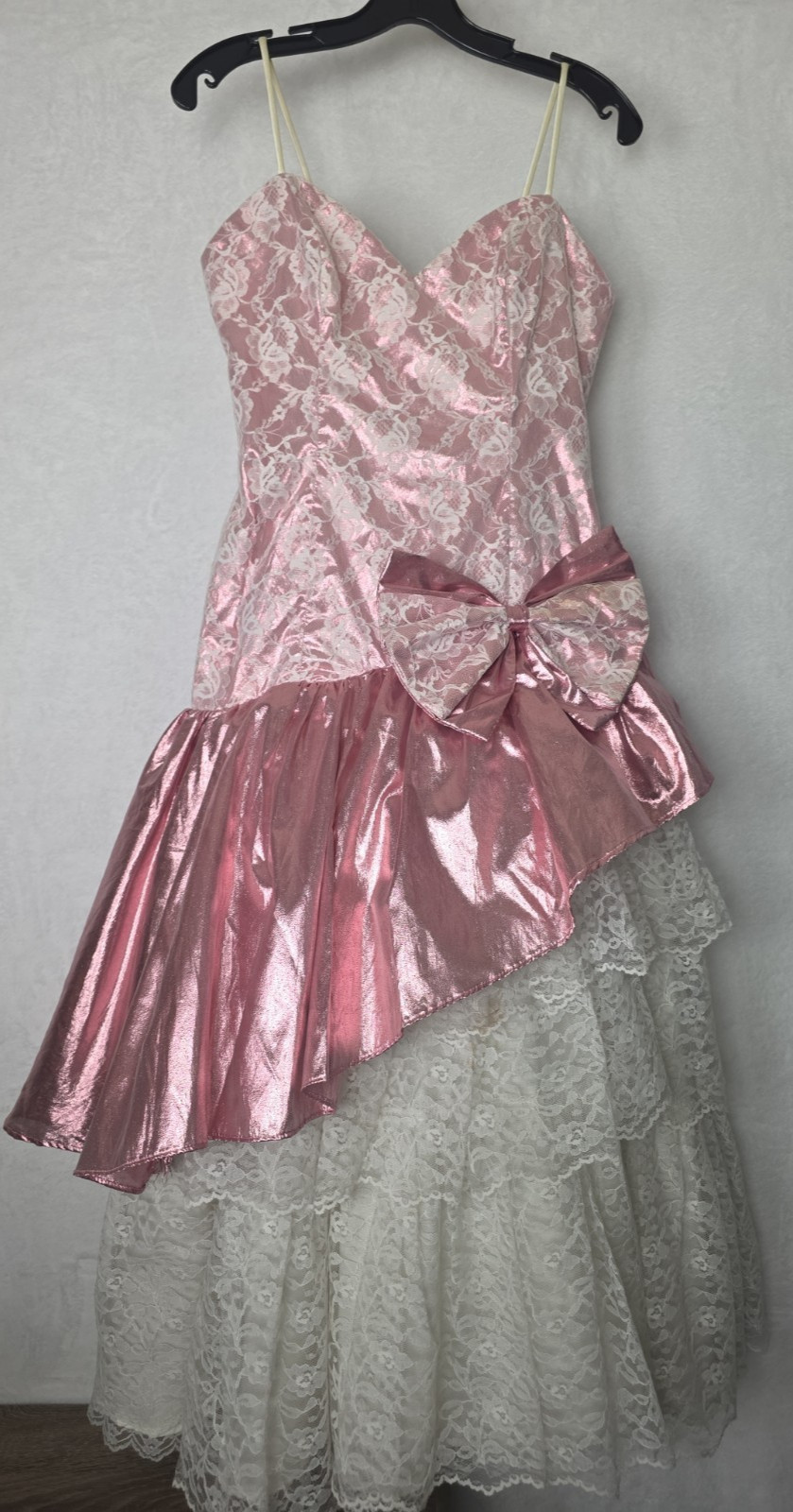 Vintage 1980s Prom Dress Sz 12 Champagne Pink Metallic Lace Loralie Elise