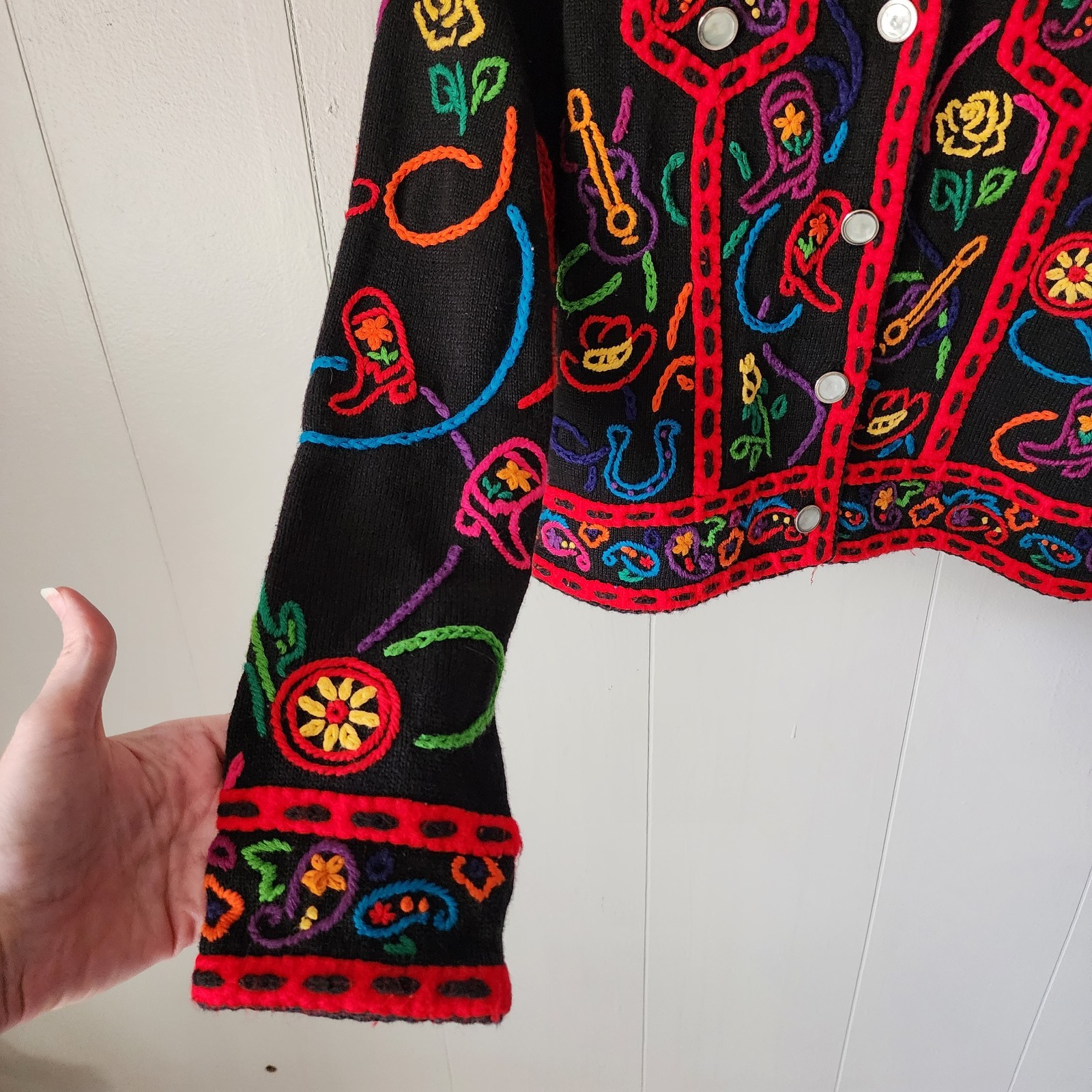 Vintage 1980s Michael Simon Western Rodeo Knit Jacket Small Colorful Embroidered
