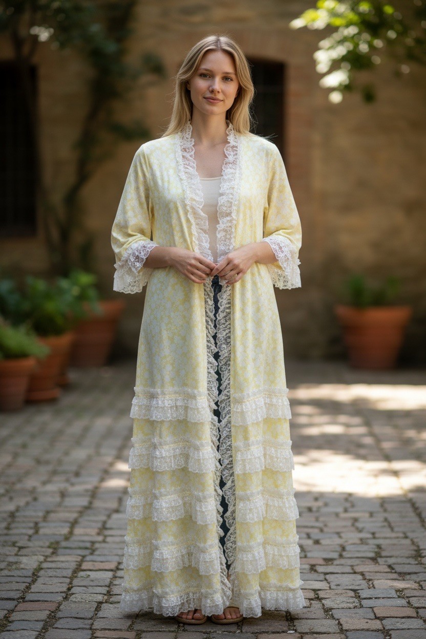 Vintage Saks Fifth Avenue Floral Lace Dressing Gown Robe France XS Yellow Long