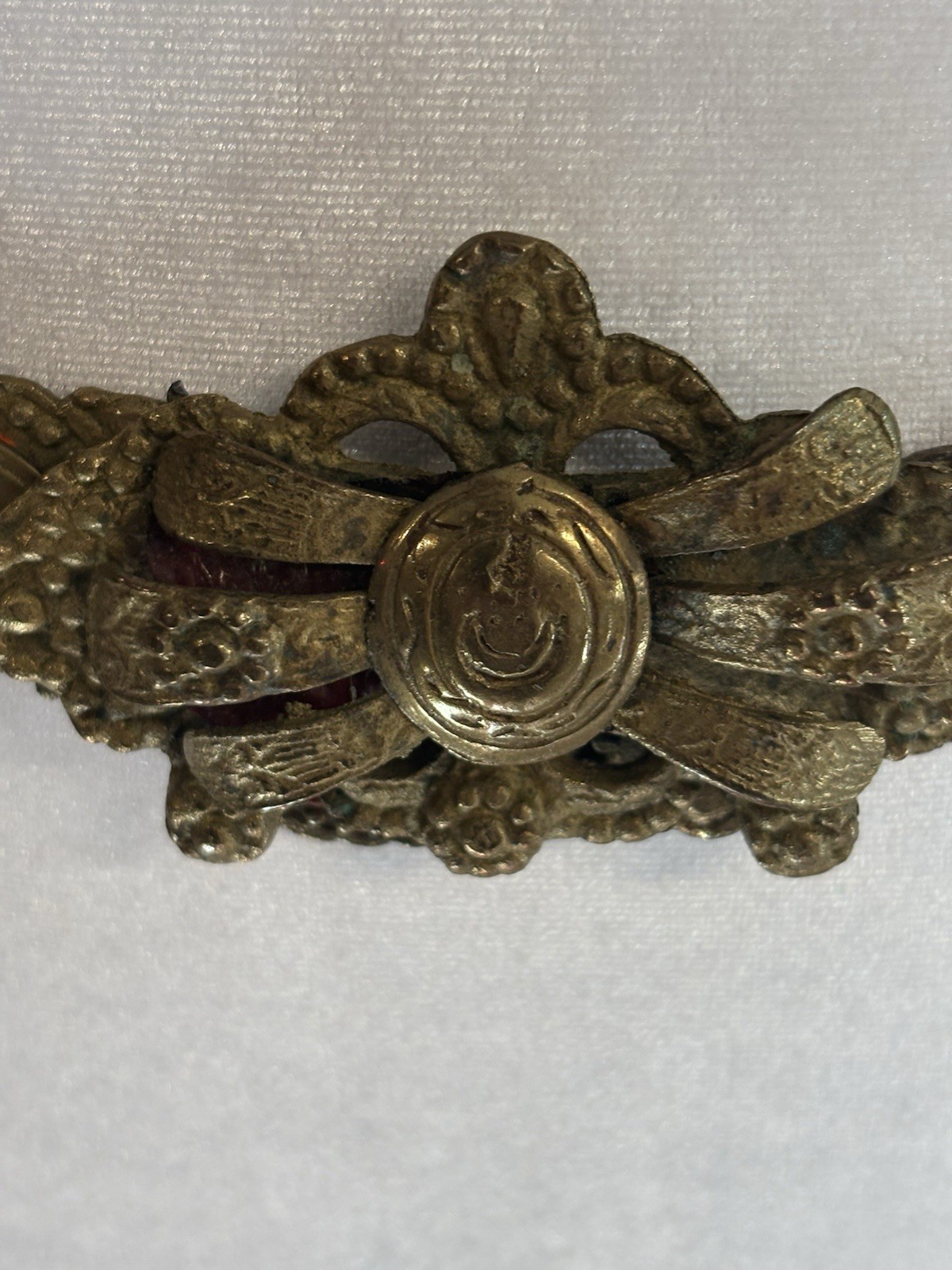 19th C Ottoman Empire Heavy Brass Belt Red Enamel Turkish Balkan Folk Art 35in
