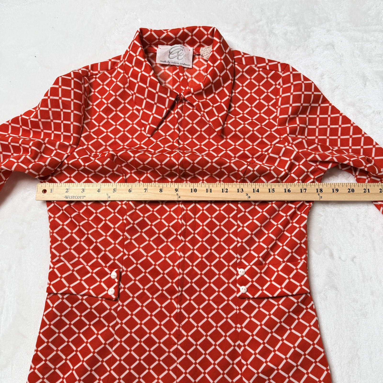 Rare Vintage Red Geometric Long-Sleeve Dress 70s Retro Mod