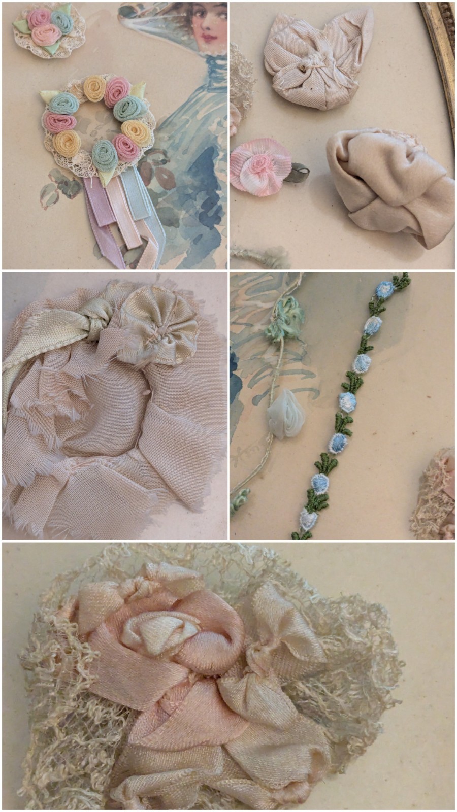 9 Antique Handmade French Silk Chiffon RIBBONWORK Appliques ROSES Dolls Boudoir
