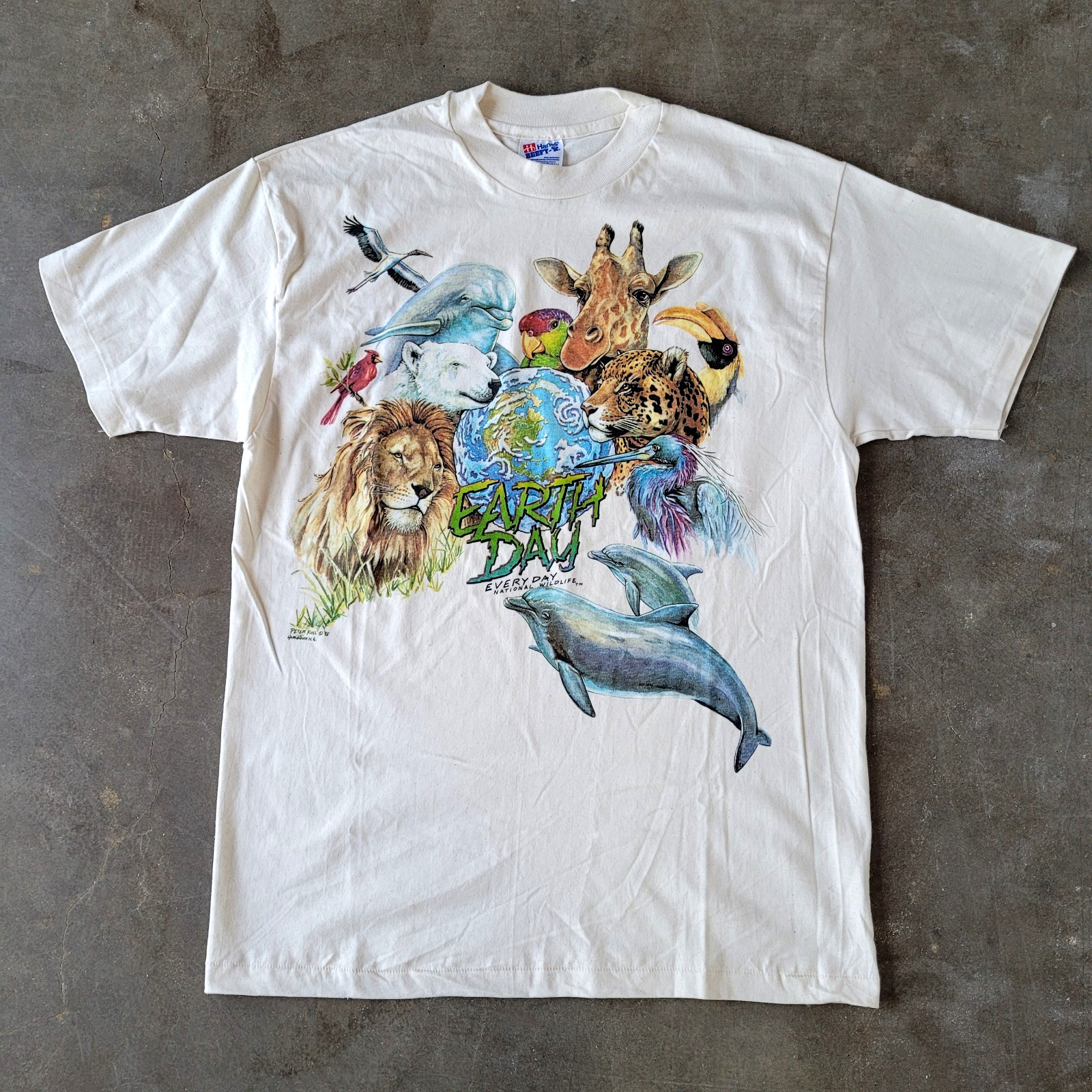 Vintage 90s T Shirt Earth Day Everyday Peter Kull Wildlife Large Detailed NEW