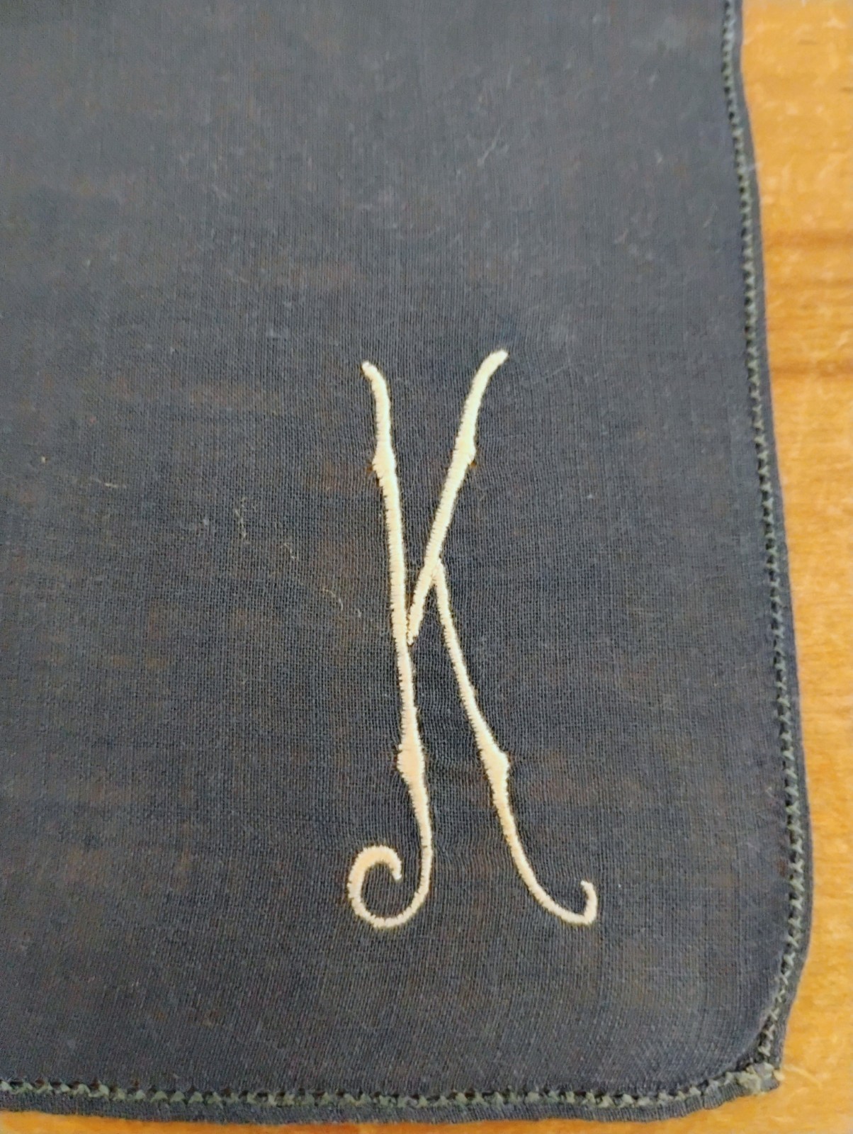 Vgt K Monogram Ivory Embroidery Faded Navy Cotton Hankie