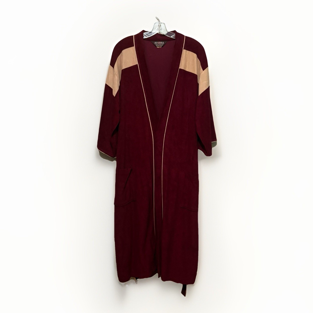 VTG Studio 5 Rose Collection Robe Burgundy Tan Trim OSFA Belted Lounge Bathrobe