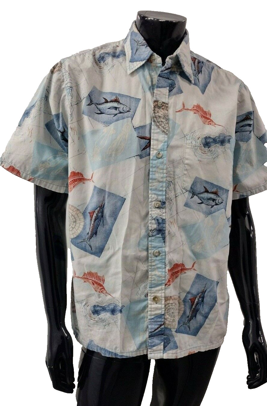 vintage men’s shirt GO BAREFOOT HAWAIIAN Med L FISHES FISH TIKI ISLAND SUMMER