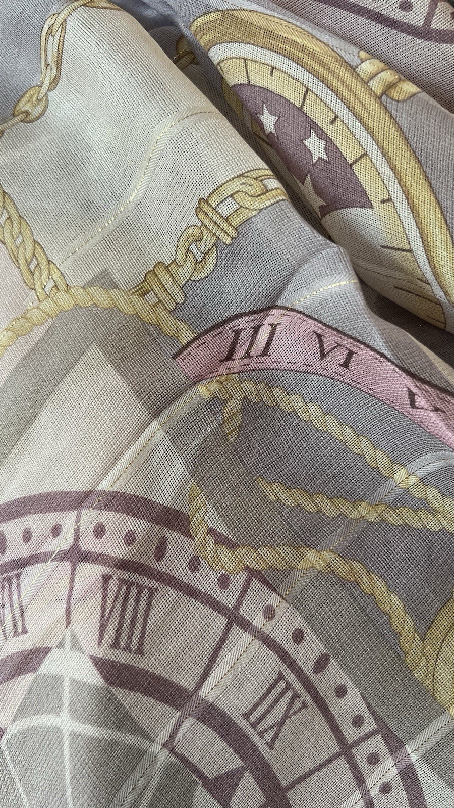 Renoma Vintage Silk Scarf Pink Lavender Clock Print Shawl Wrap Gold Metallic Gor