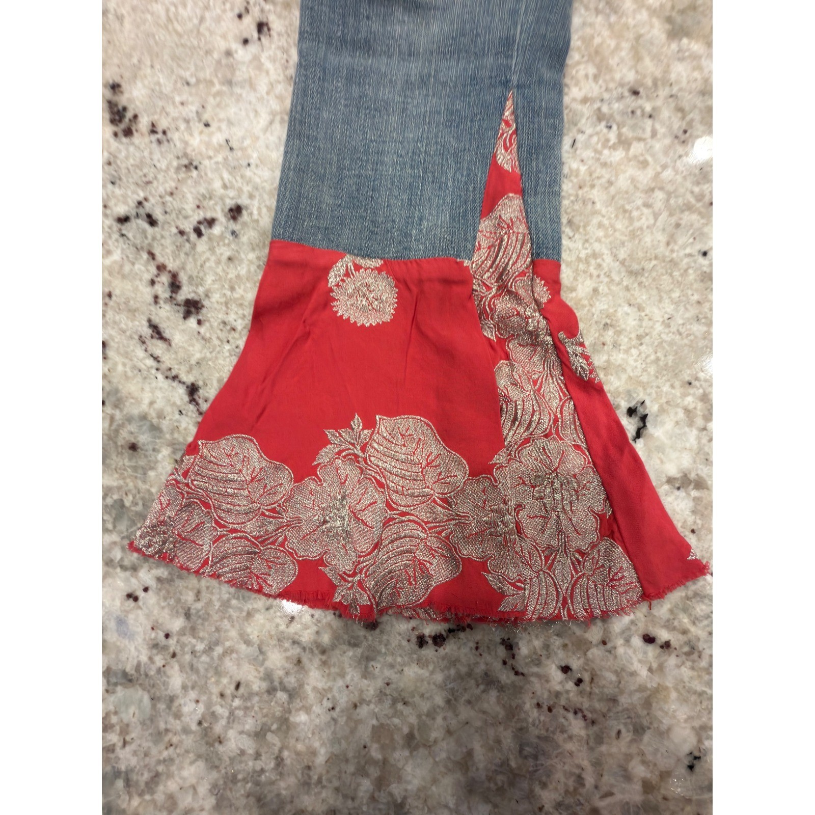 Pilcro Anthropologie Script Jeans Size 26 Flare Red Brocade Hem