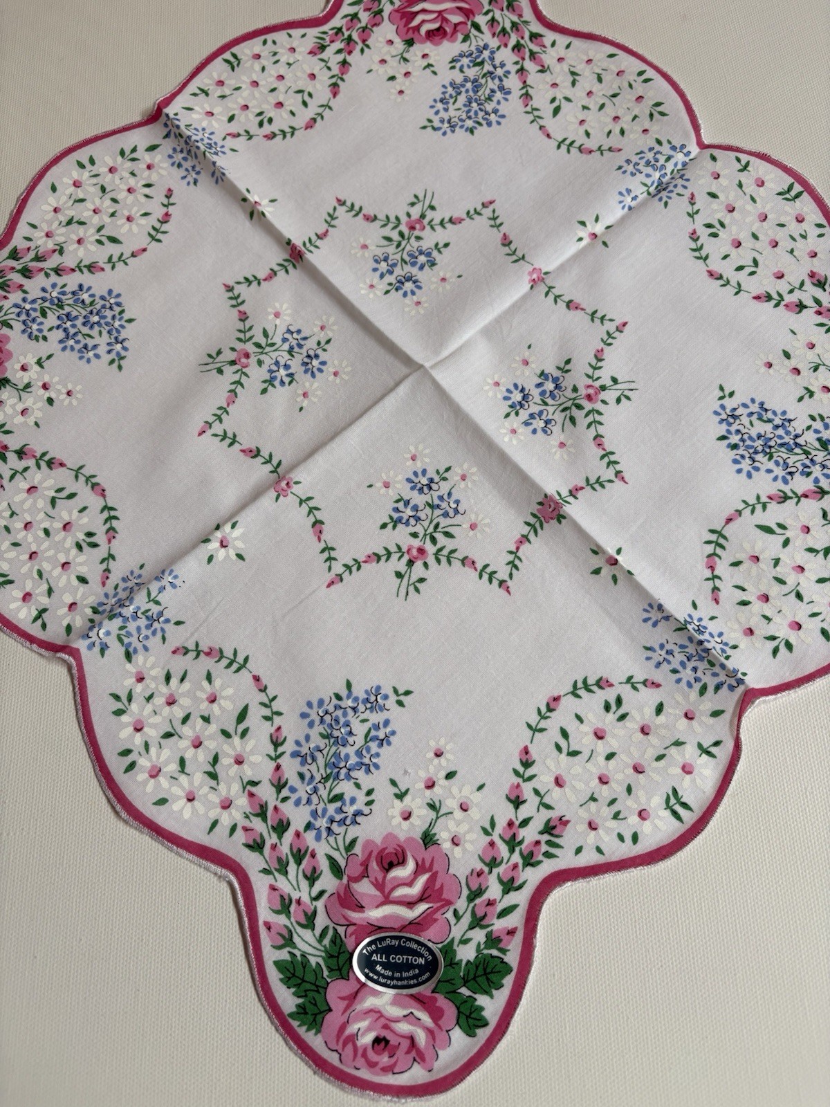 Beautiful New LuRay Pink ROSE Handkerchief Hankie With Scalloped Border