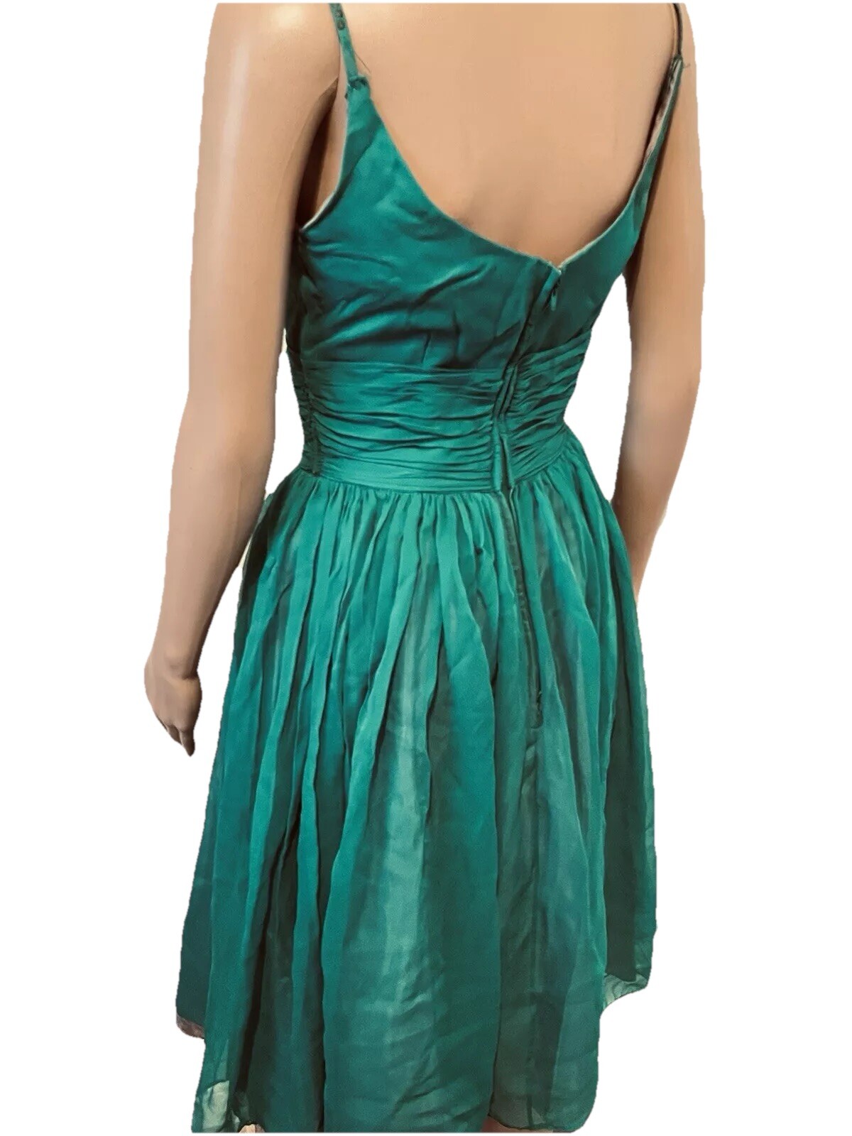 VTG 50s Emerald Green Cocktail Dress Bains Las Vegas Rhinestone Spaghetti Straps