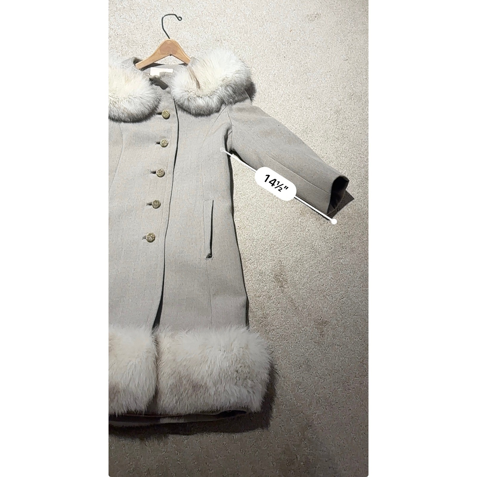 Vintage Saks Fifth Avenue Wool Coat Fur Trim Collar Hem Gold Button Taupe Grey