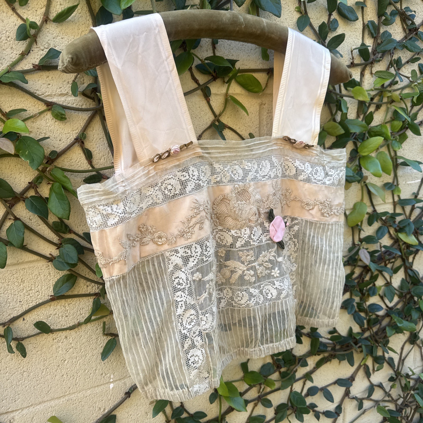 Antique Edwardian Mixed Net Lace Camisole Silk Flowers Dress Blouse Vintage