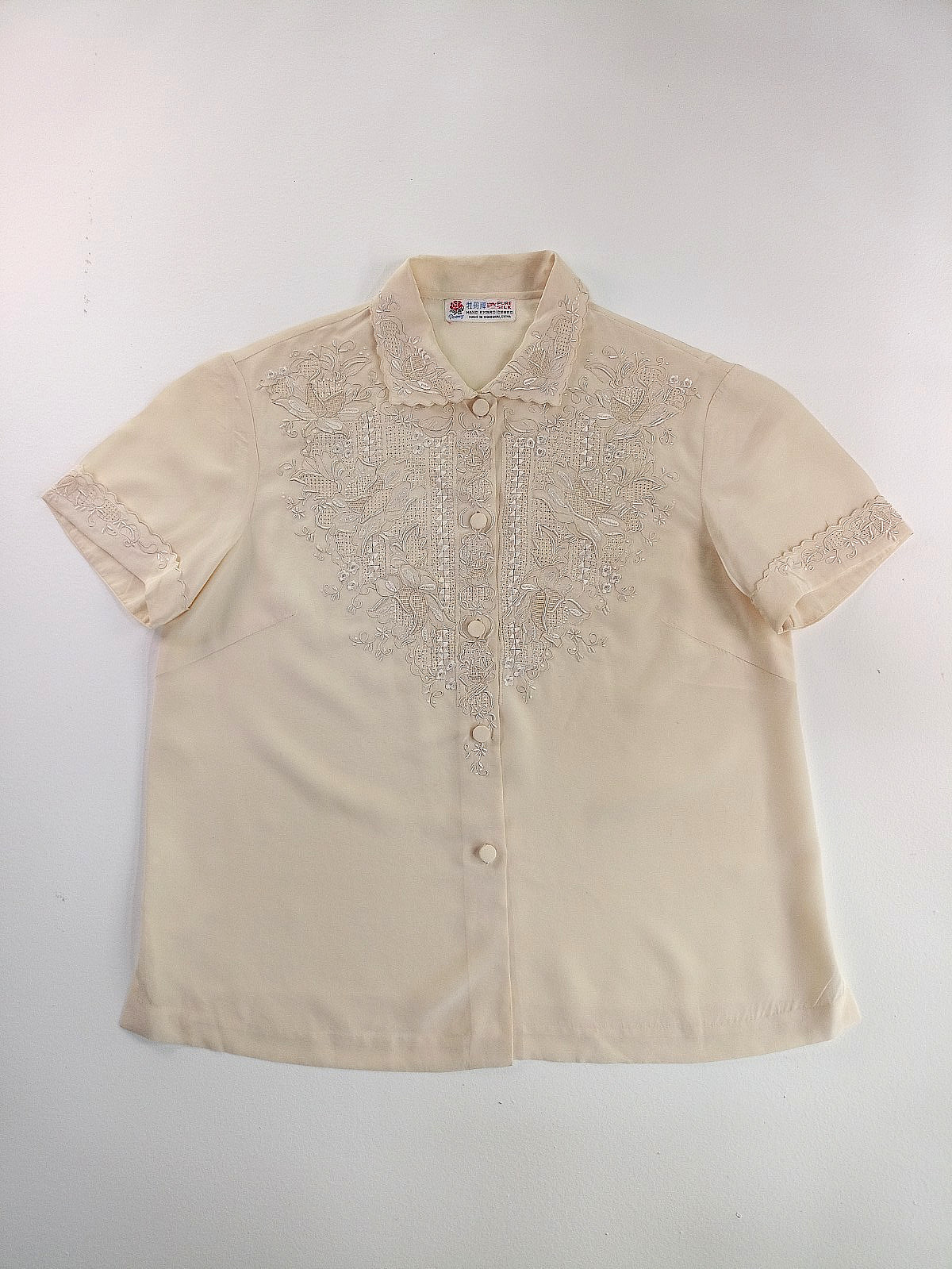 VTG Peony 100% Pure Silk Blouse S Hand Embroidered Swatow Cutwork Ivory China