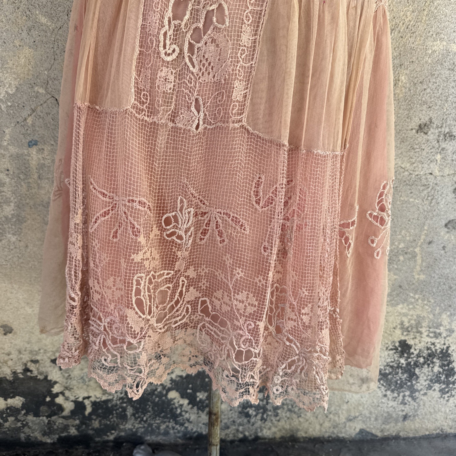 Antique 1920s Cotton Candy Pink French Filet Net Lace &Silk Dress Eyelet Vintage